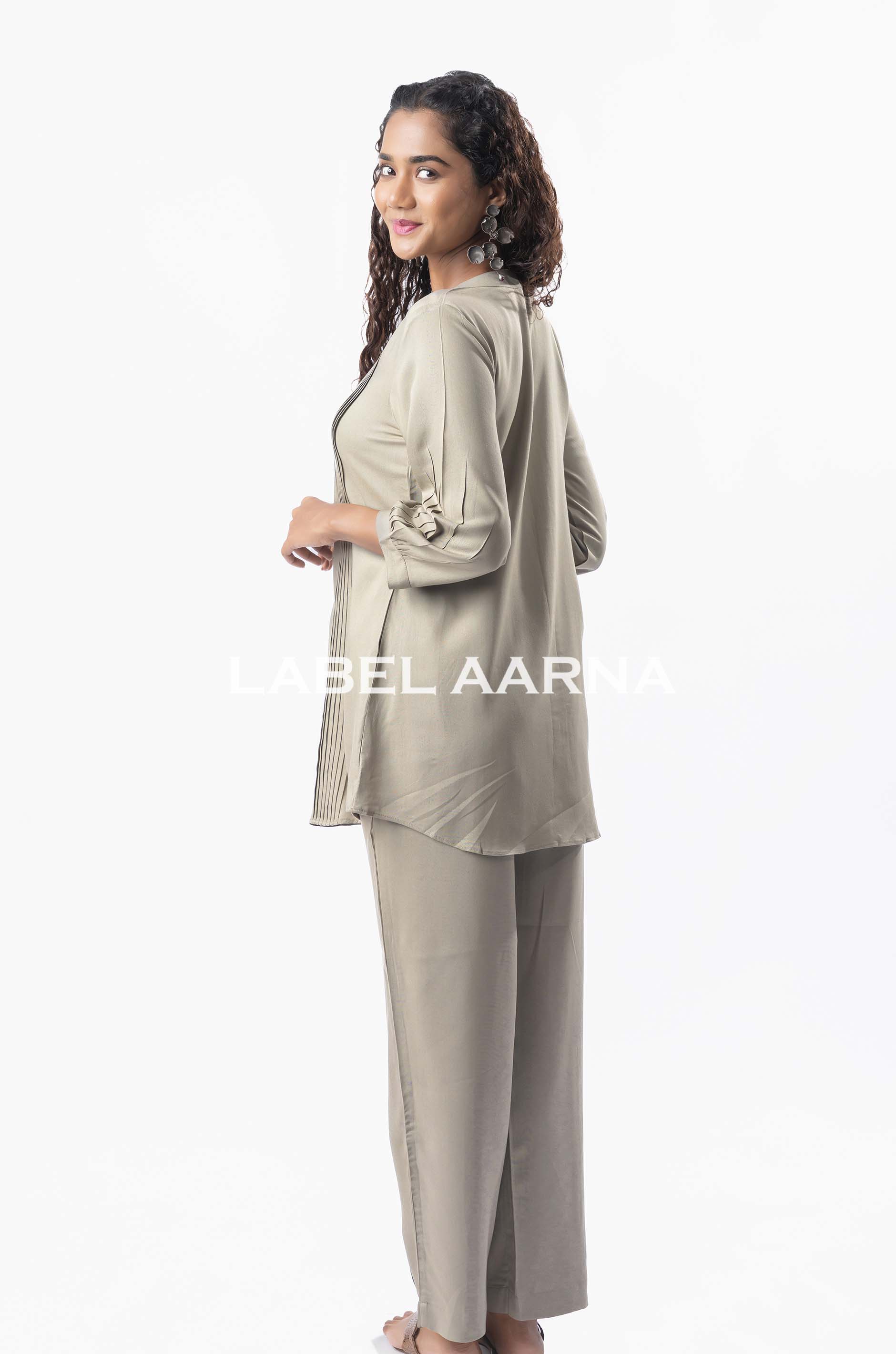 Light Grey Viscose Rayon Pleated Band Collar Straight Fit Co-Ord Set - Image 5