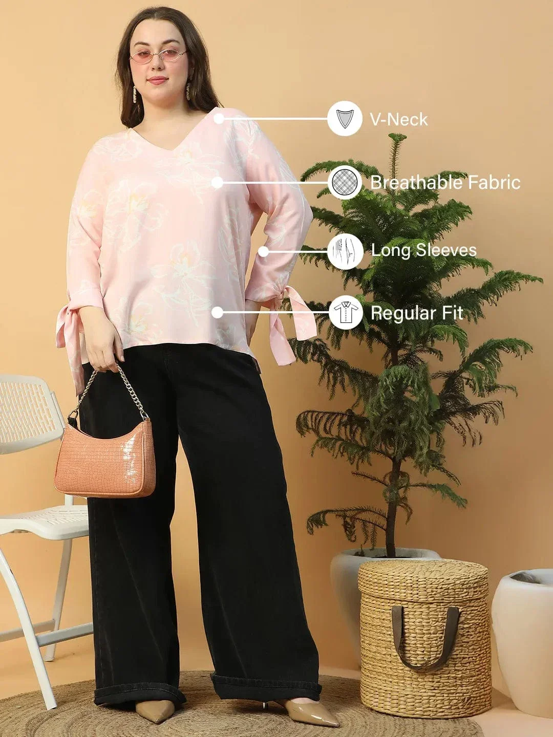 Light Pink Floral Print Long Sleeve With Tie-up Detail Plus Size Women Top - Image 2
