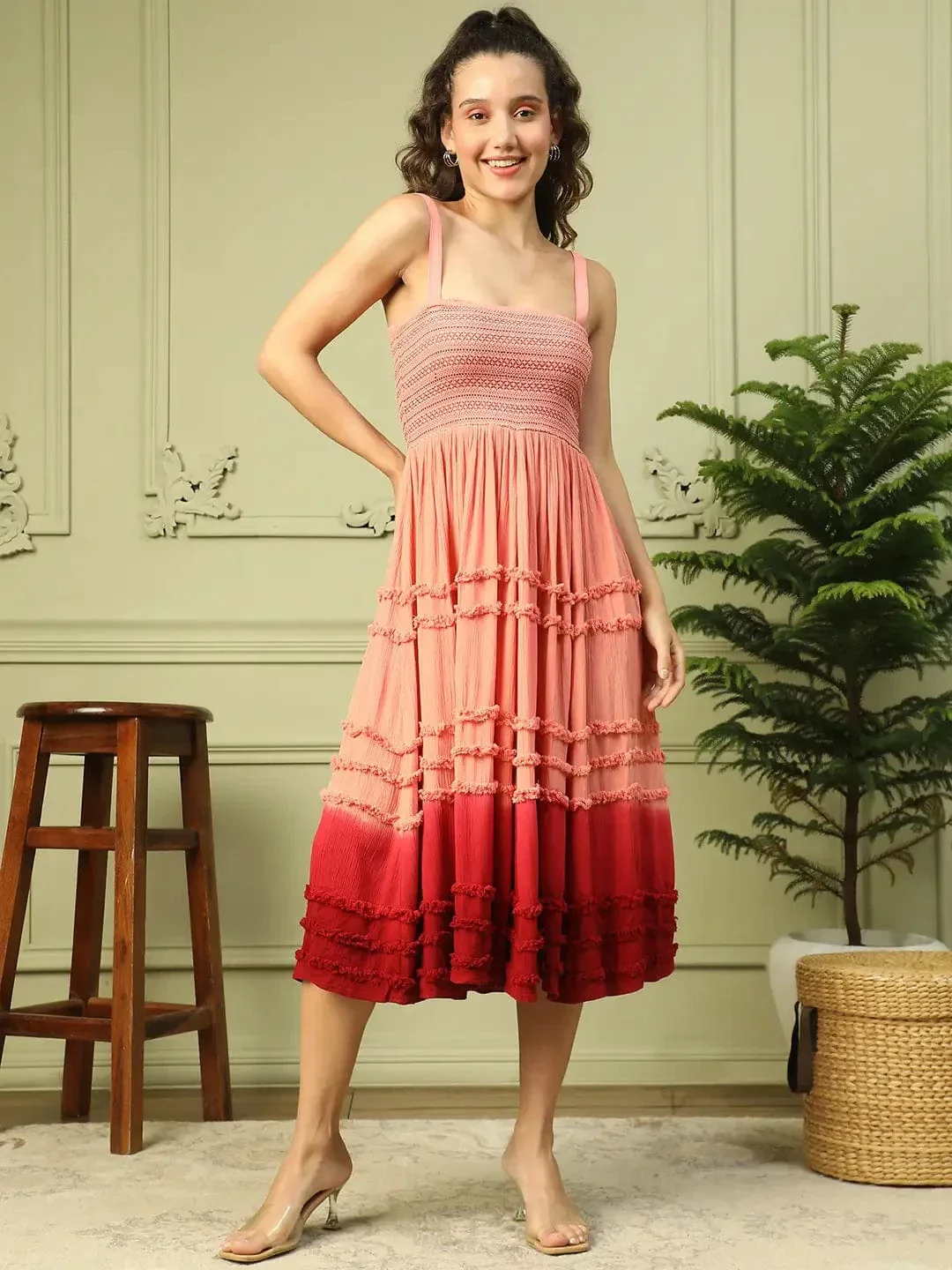 Light Pink Shoulder Strap Smocking Detailed Women Long Flare Ruffle Tie-Dye Dress - Image 2