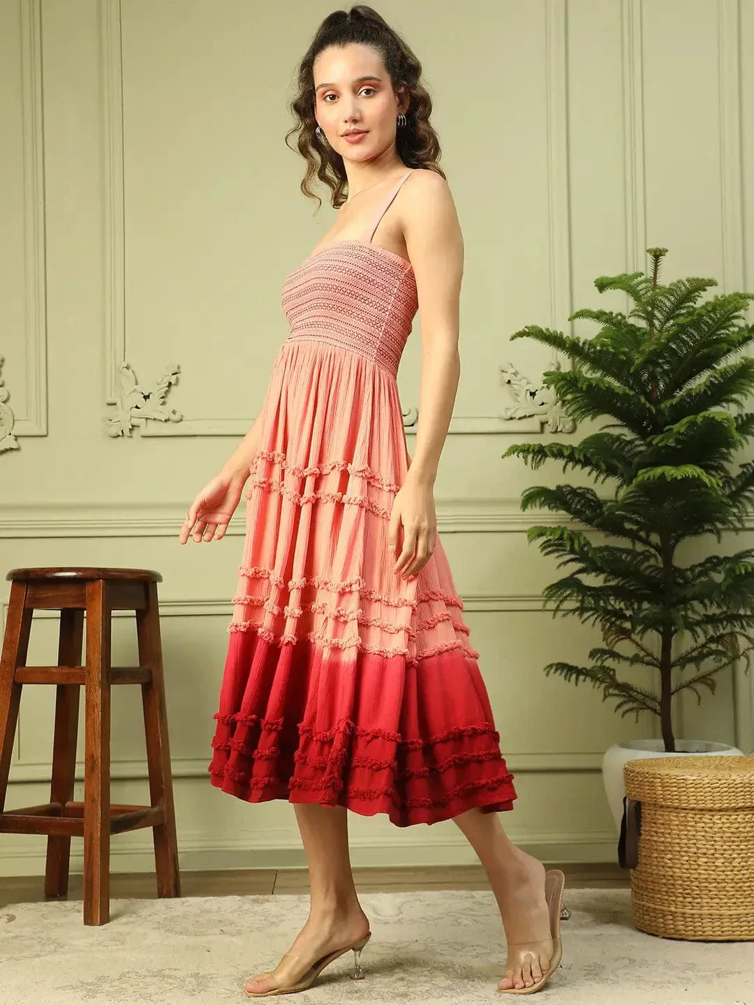 Light Pink Shoulder Strap Smocking Detailed Women Long Flare Ruffle Tie-Dye Dress - Image 4