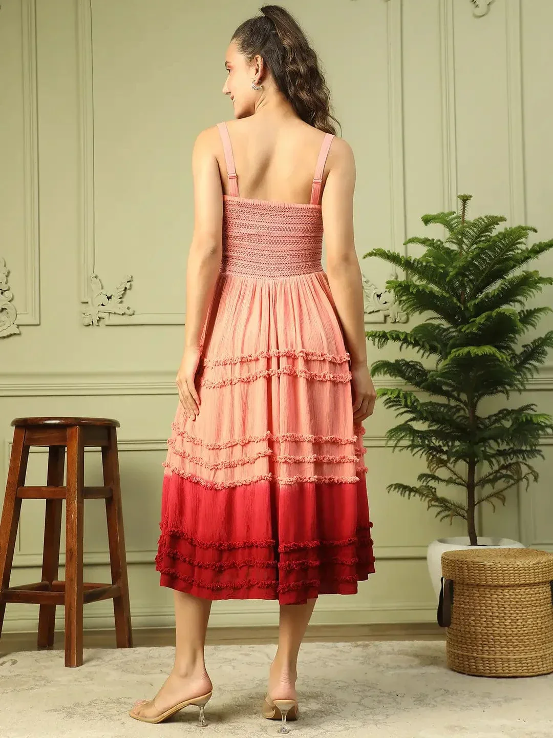 Light Pink Shoulder Strap Smocking Detailed Women Long Flare Ruffle Tie-Dye Dress - Image 6
