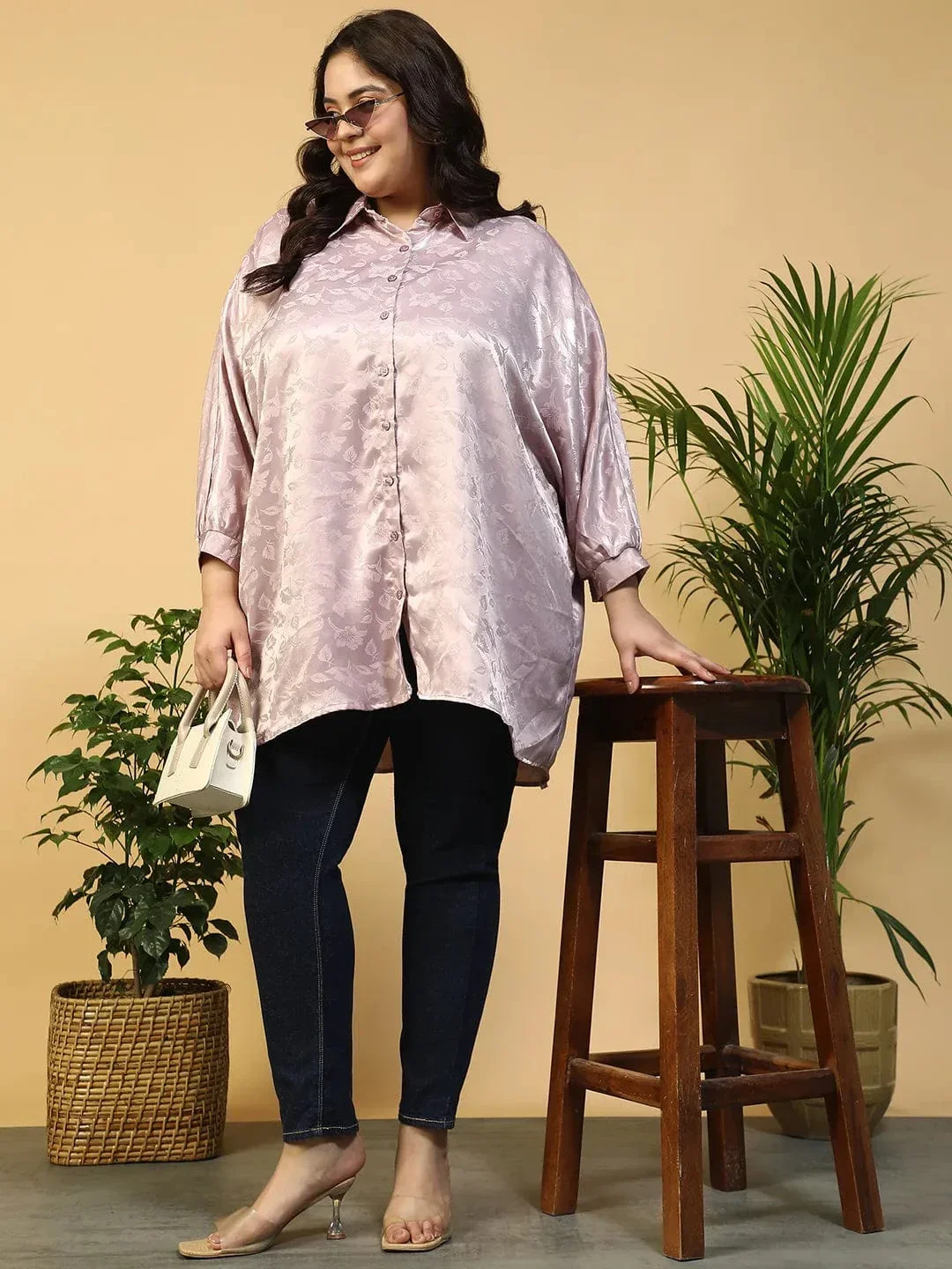 Lilac Floral Print Short Sleeve Collared Button Down Plus Size Oversized Shirt - Image 8