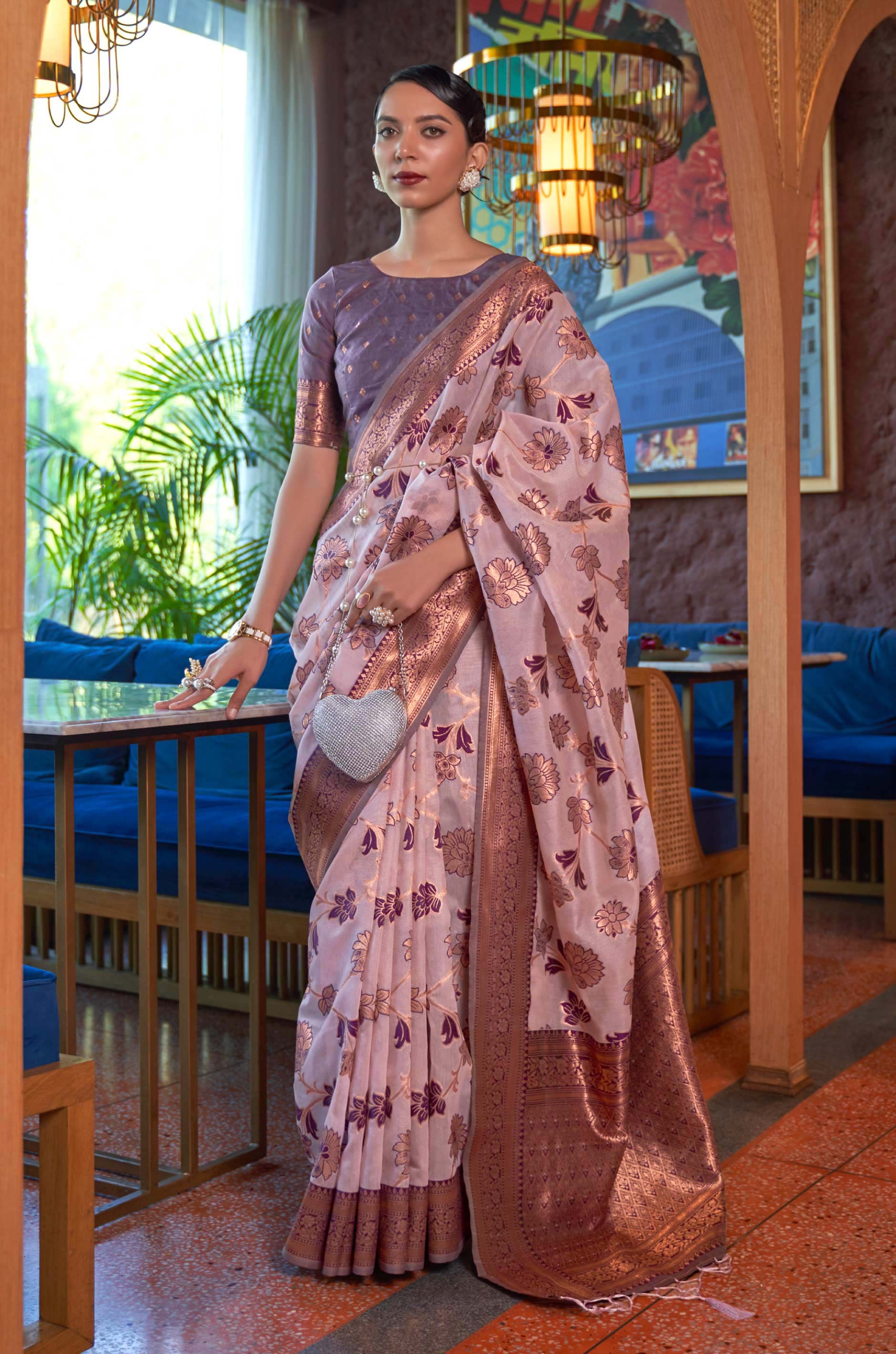 Lilac Floral Woven Organza Silk Saree