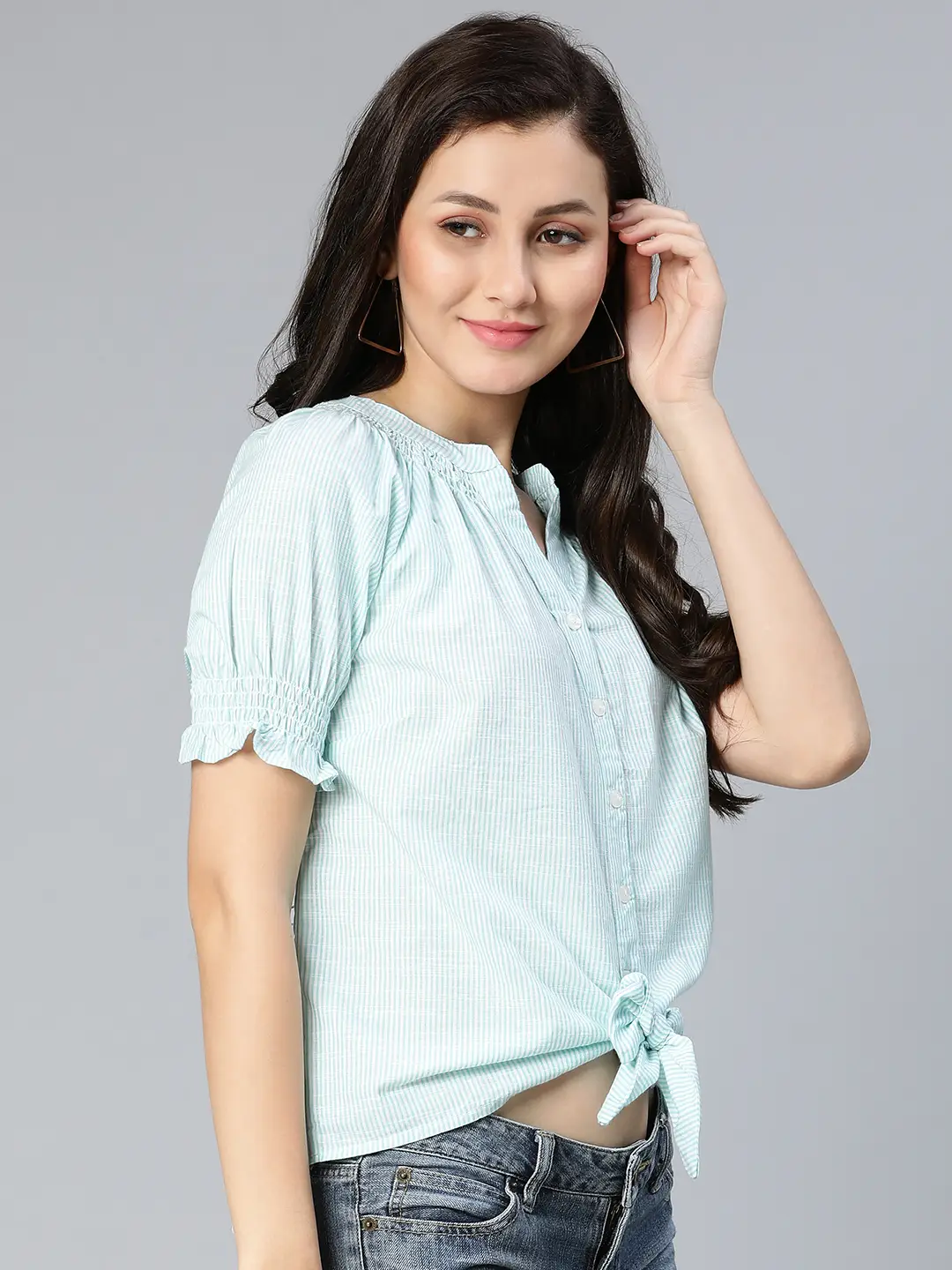 Lime Green Stripe Printed Tie-Knotted Women Top - Image 4