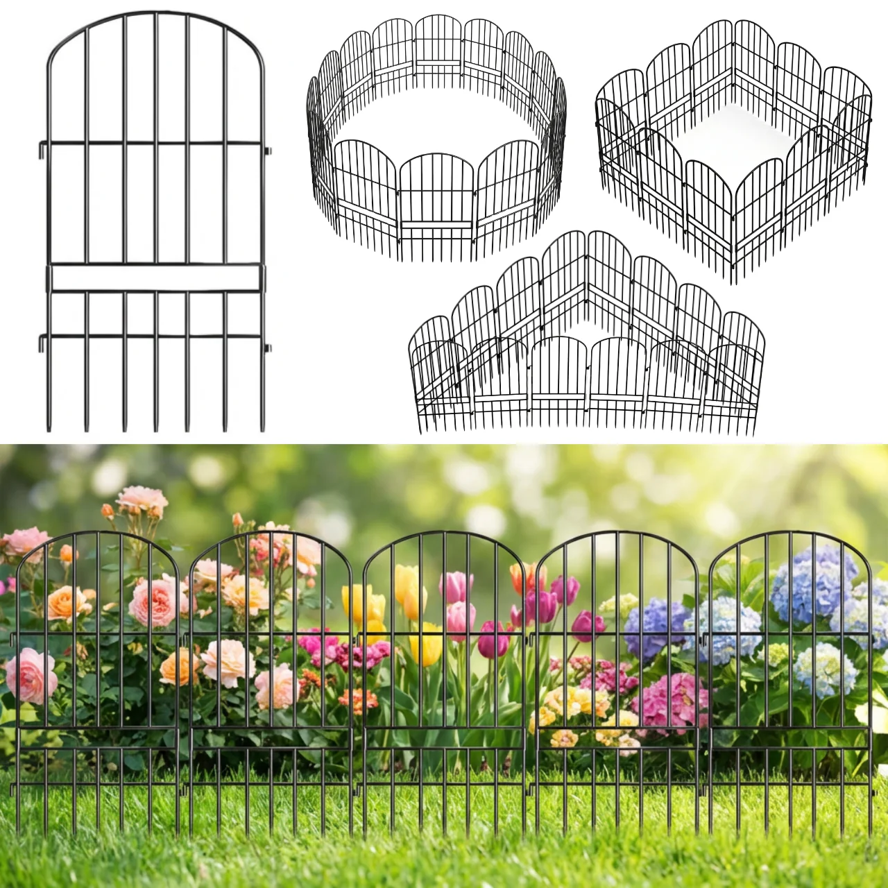 Long Grill Garden Fence – Black Iron Arc Panels (Set of 5/10)