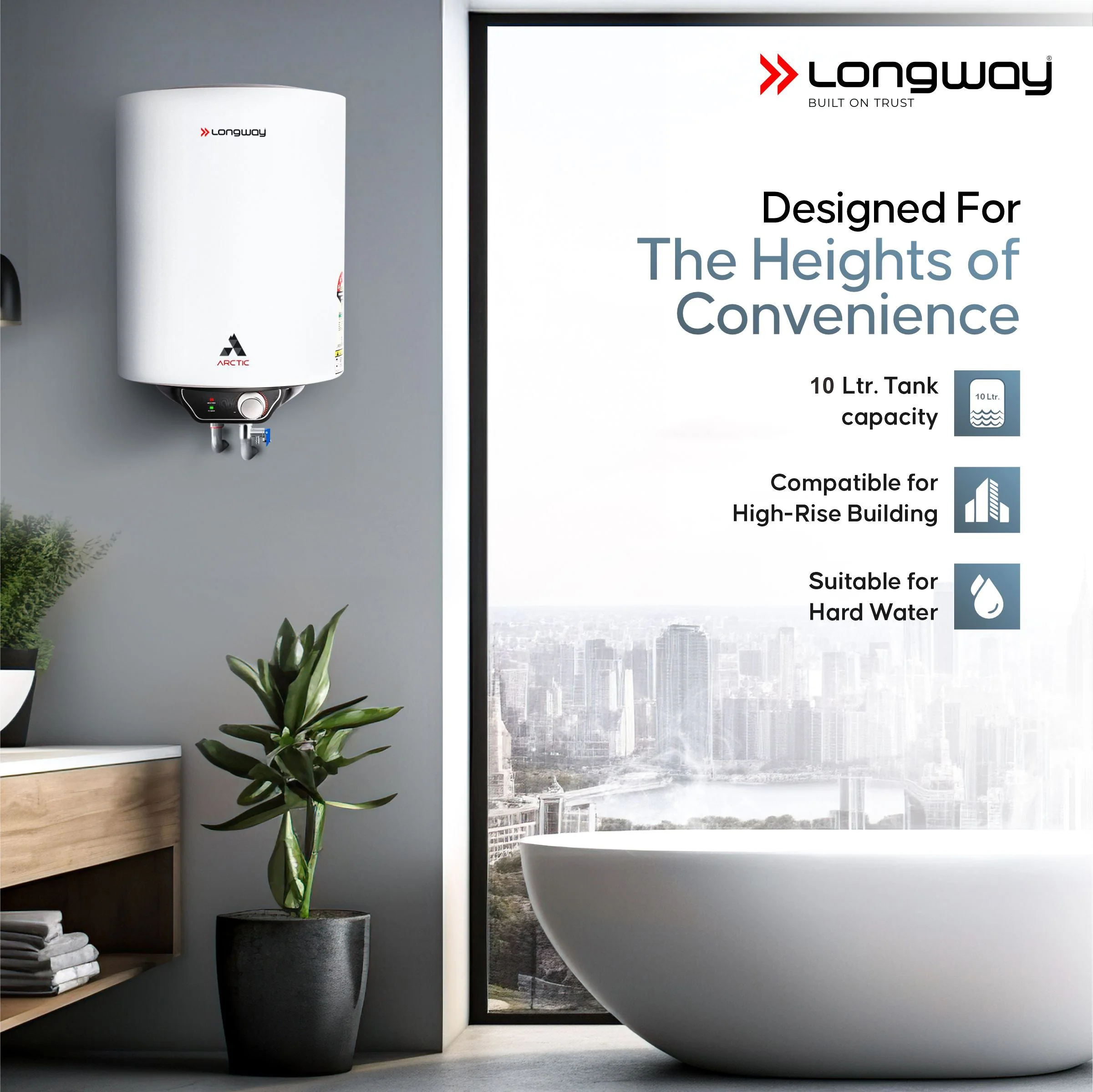 Longway Arctic 10 Ltr 5 Star Rated Storage Water Heater for Home with Advanced Multi-Layered Safety System & Anti-Rust Coating | Glassline Coated Tank | Suitable for Hard Water & High-Rise Building | 5 Years Warranty (White) - Image 3