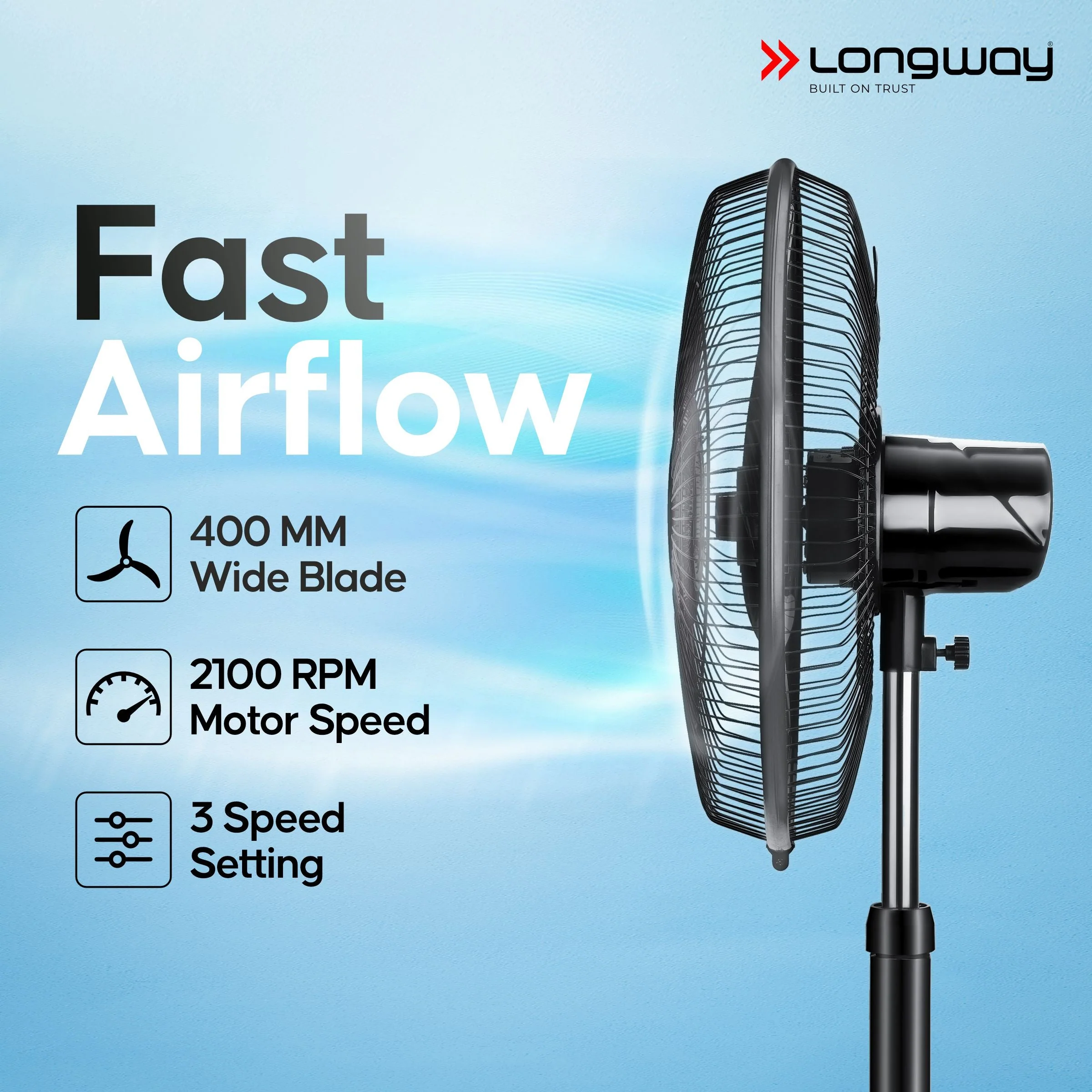 Longway Bolt Black Pedestal Fan, P1 400 mm, Ultra High Speed, 3 Blade, Decorative Star Rated (Black, Pack of 1) - Image 4