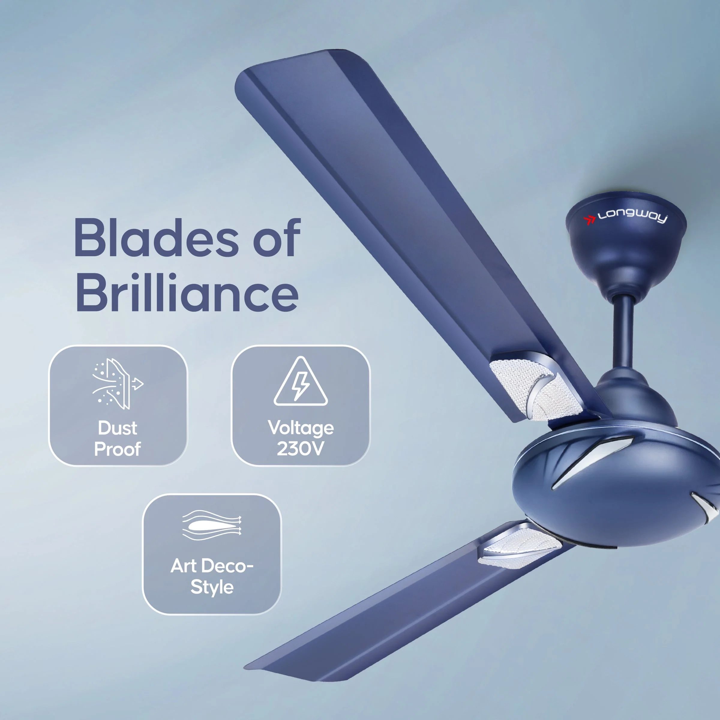 Longway Creta P1 1200 mm/48 inch Ultra High Speed 3 Blade Anti-Dust Decorative Star Rated Ceiling Fan (Silver Blue, Pack of 1) - Image 3