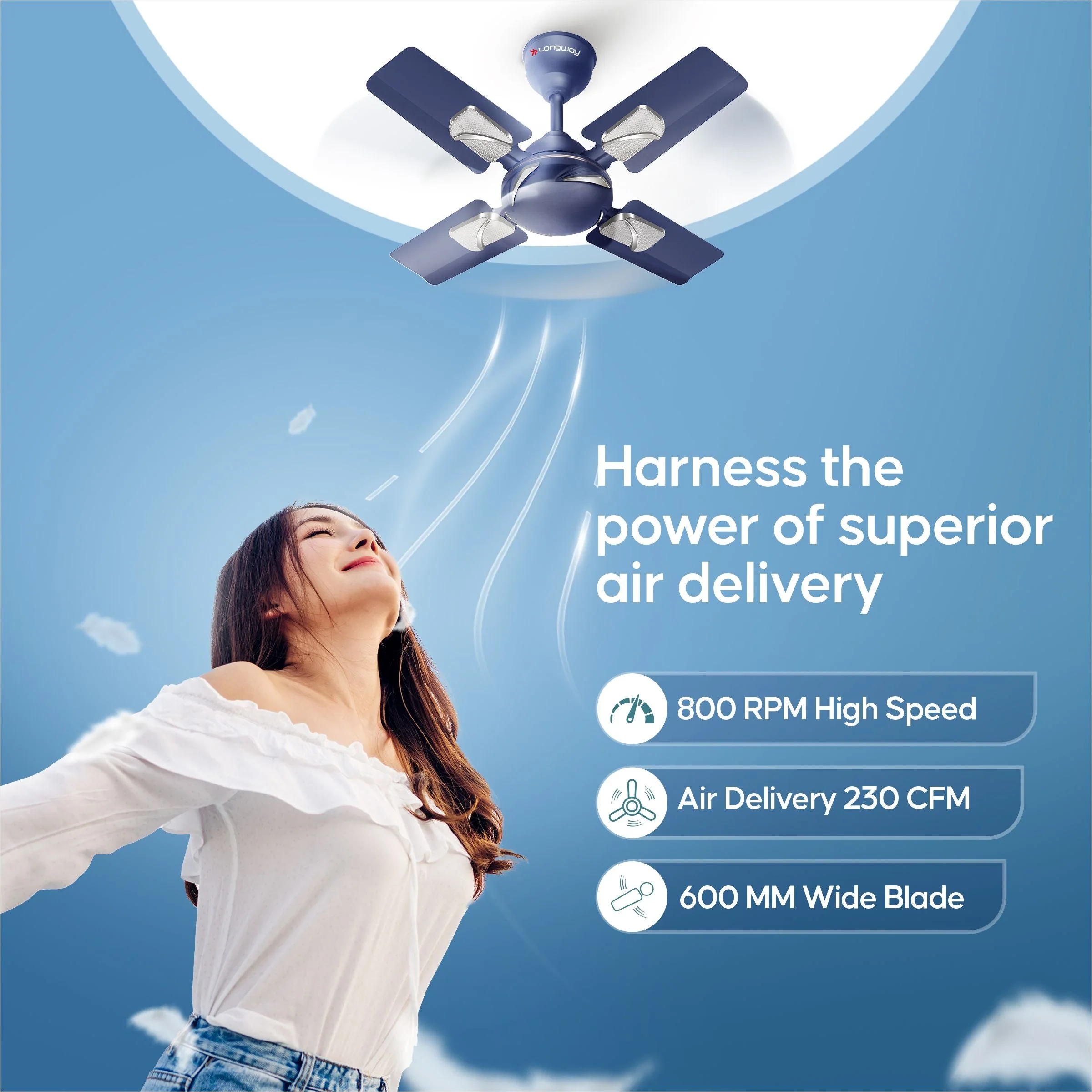 Longway Creta P1 600 mm/24 inch Ultra High Speed 4 Blade Anti-Dust Decorative Star Rated Ceiling Fan (Silver Blue, Pack of 1) - Image 4