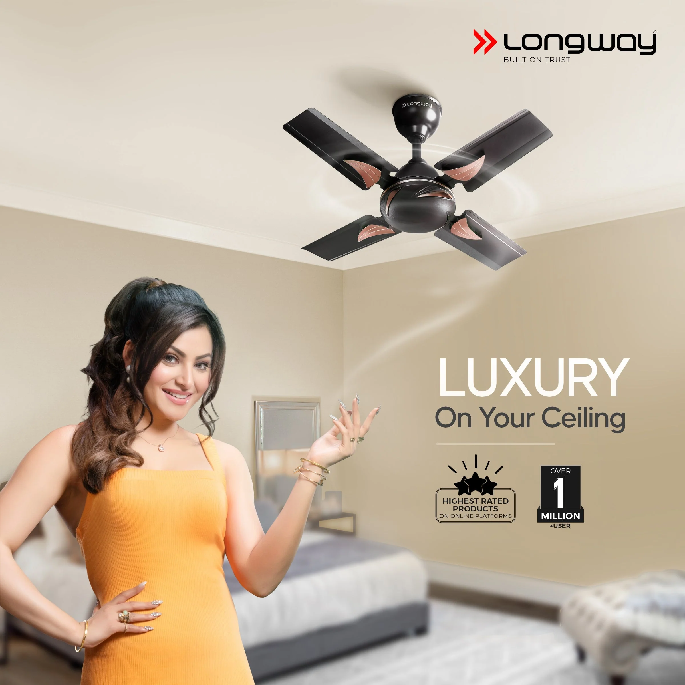 Longway Creta P1 600 mm/24 inch Ultra High Speed 4 Blade Anti-Dust Decorative Star Rated Ceiling Fan (Smoked Brown, Pack of 1) - Image 2