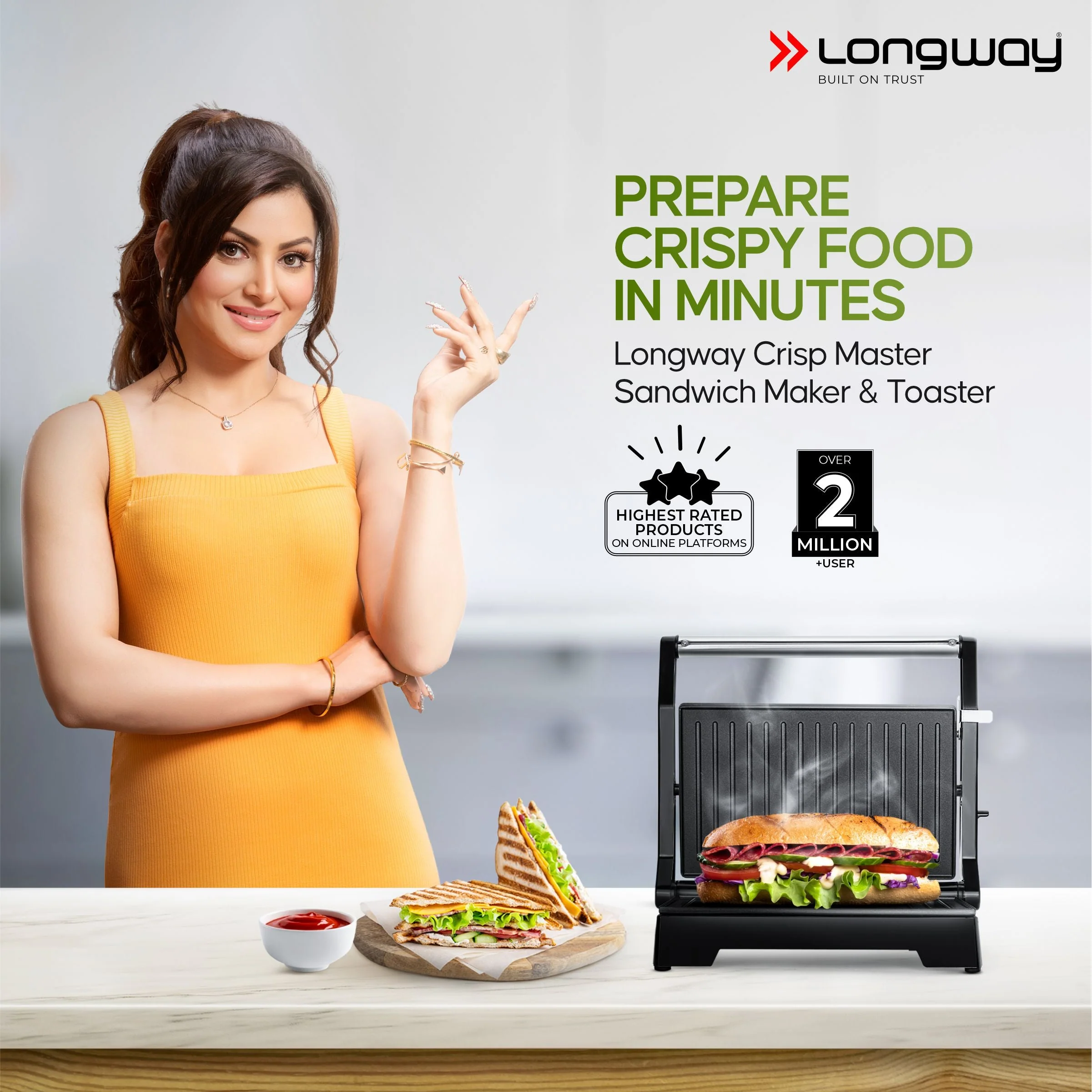 Longway Crisp Master 1000 W Electric Panini Sandwich Maker, Grill & Toaster | Non-stick Coating Cast Aluminum Plates | Adjustable Height Control & Floating Hinges | Grills Sandwiches, Bread, Burger, Grilled Chicken & Kebabs (Metallic Silver) - Image 2