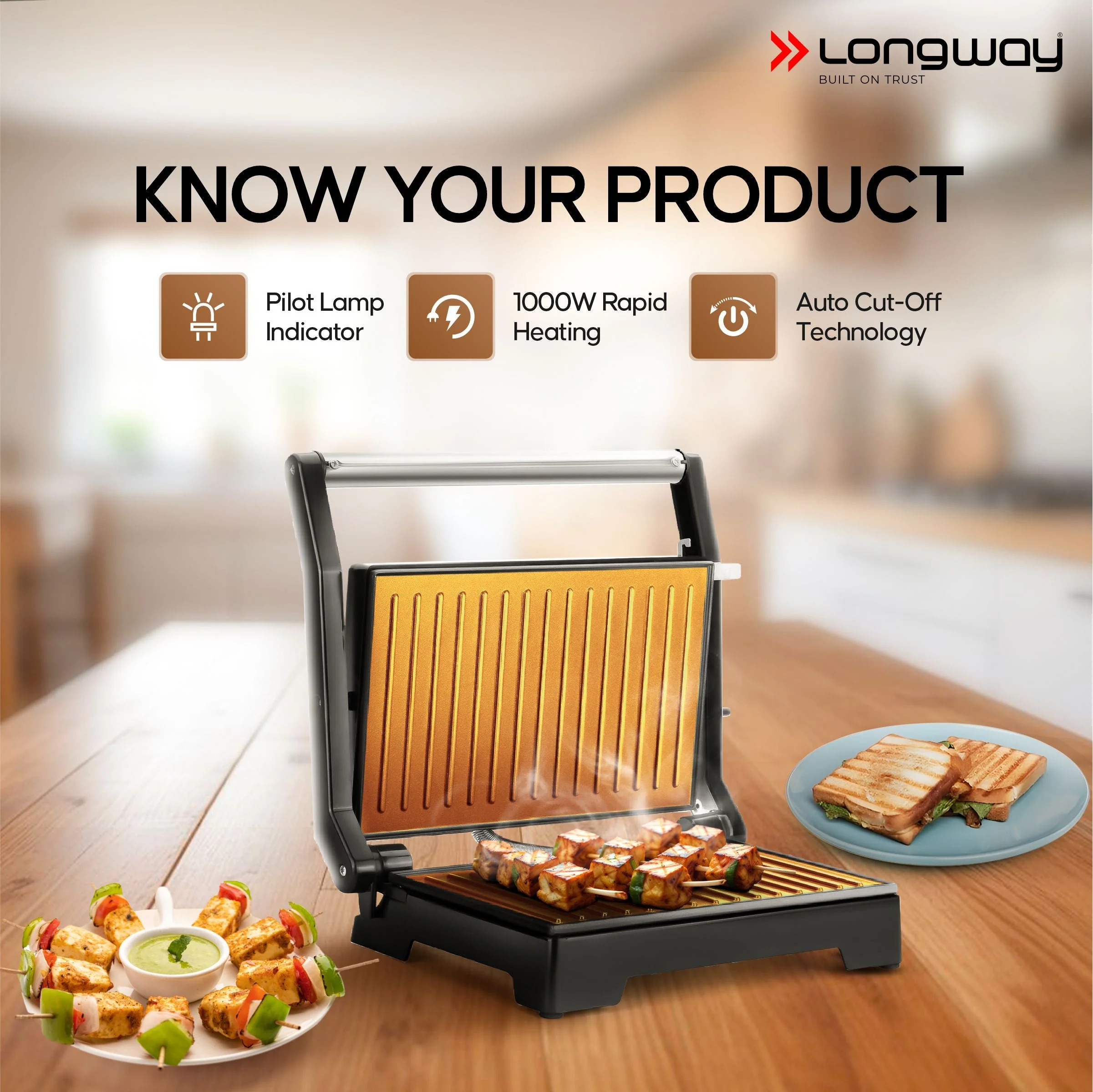 Longway Crisp Master 1000 W Electric Panini Sandwich Maker, Grill & Toaster | Non-stick Coating Cast Aluminum Plates | Adjustable Height Control & Floating Hinges | Grills Sandwiches, Bread, Burger, Grilled Chicken & Kebabs (Metallic Silver) - Image 3