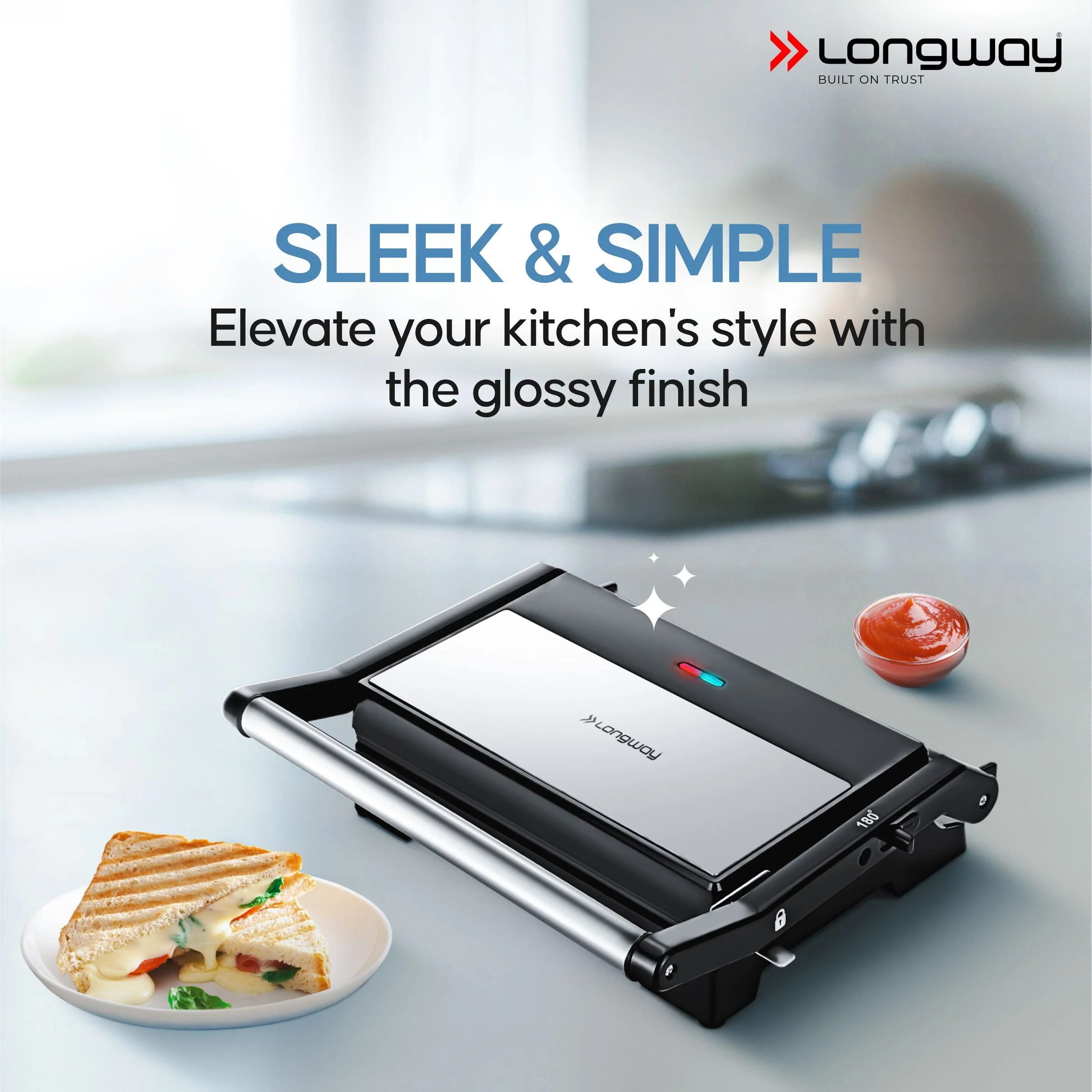 Longway Crisp Master 1000 W Electric Panini Sandwich Maker, Grill & Toaster | Non-stick Coating Cast Aluminum Plates | Adjustable Height Control & Floating Hinges | Grills Sandwiches, Bread, Burger, Grilled Chicken & Kebabs (Metallic Silver) - Image 4