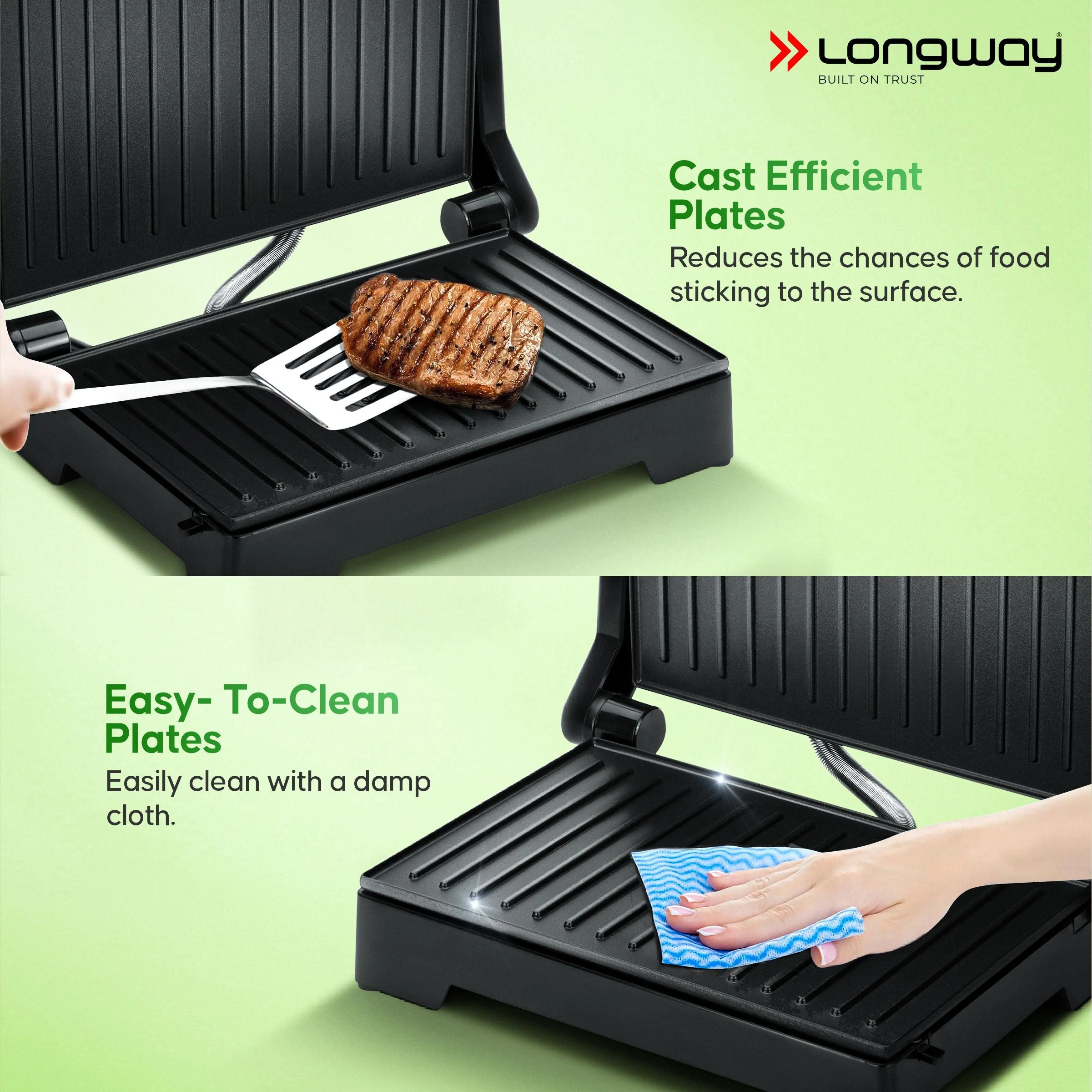 Longway Crisp Master 1000 W Electric Panini Sandwich Maker, Grill & Toaster | Non-stick Coating Cast Aluminum Plates | Adjustable Height Control & Floating Hinges | Grills Sandwiches, Bread, Burger, Grilled Chicken & Kebabs (Metallic Silver) - Image 6