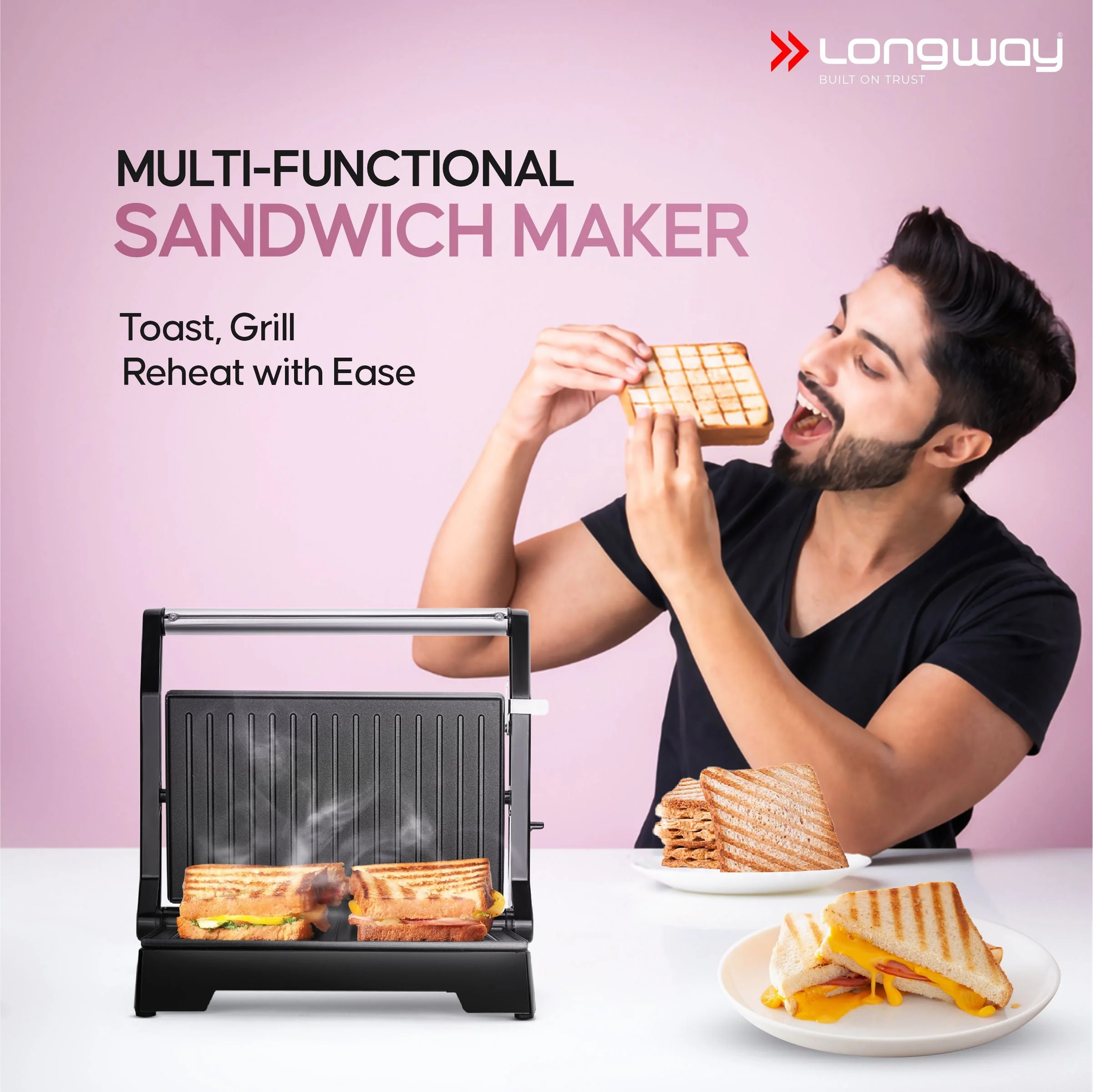 Longway Crisp Master 1000 W Electric Panini Sandwich Maker, Grill & Toaster | Non-stick Coating Cast Aluminum Plates | Adjustable Height Control & Floating Hinges | Grills Sandwiches, Bread, Burger, Grilled Chicken & Kebabs (Metallic Silver) - Image 7