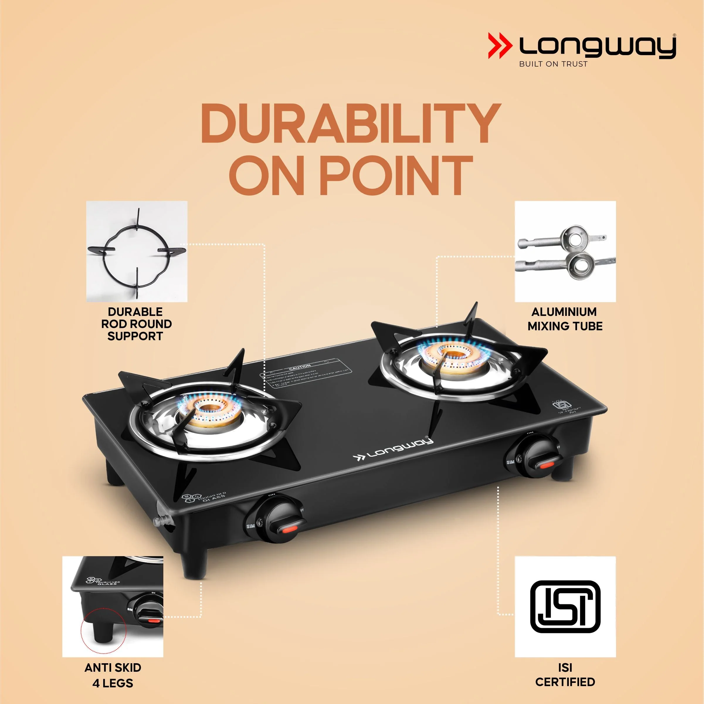 Longway Furn Glass Top, 2 Burner Auto Ignition Glass Gas Stove (Black, ISI Certified, 2 Year Warranty) - Image 7