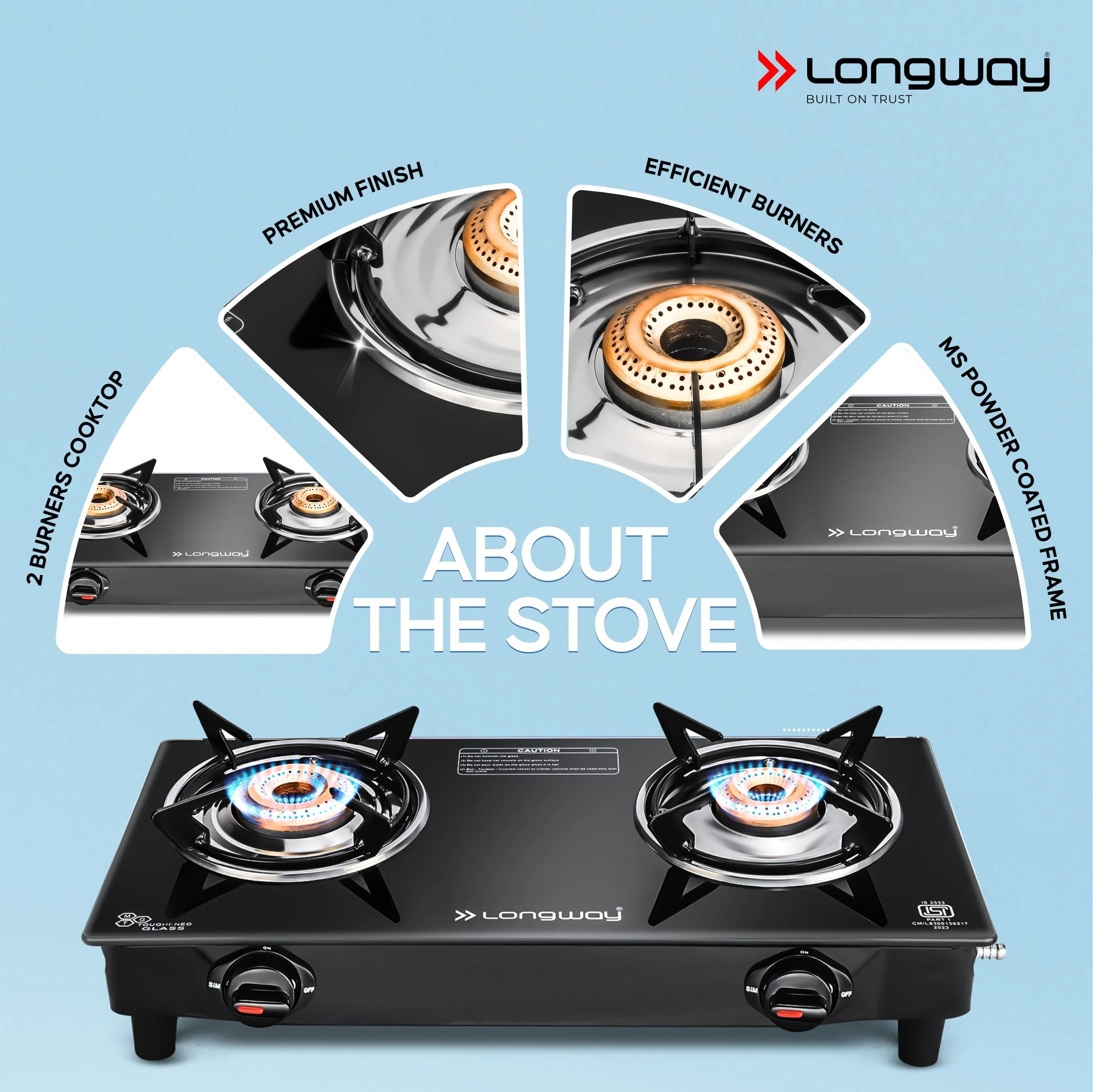 Longway Furn Glass Top, 2 Burner Manual Ignition Glass Gas Stove (Black, ISI Certified, 2 Year Warranty) - Image 6