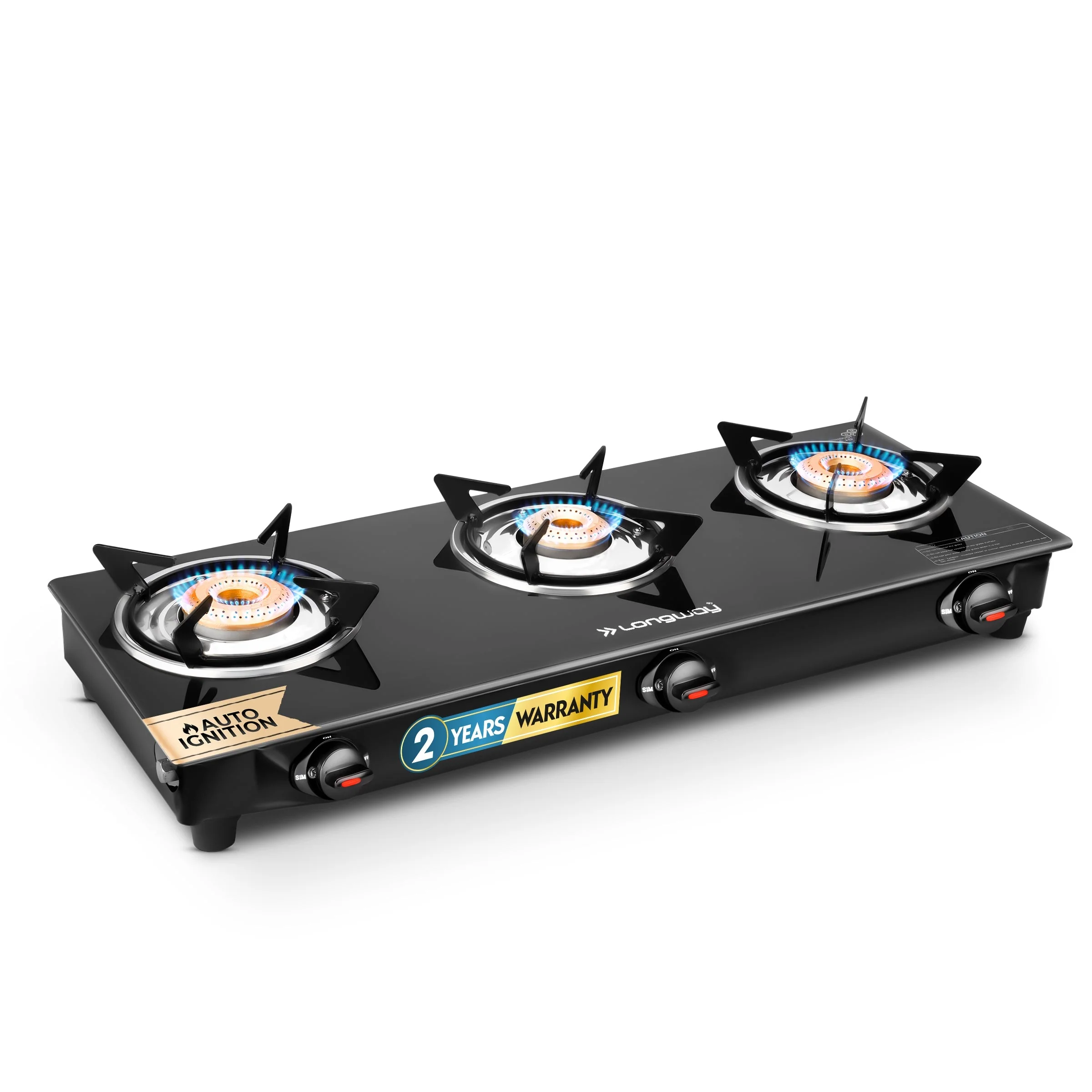 Longway Furn Glass Top, 3 Burner Auto Ignition Glass Gas Stove (Black, ISI Certified, 2 Years Warranty)