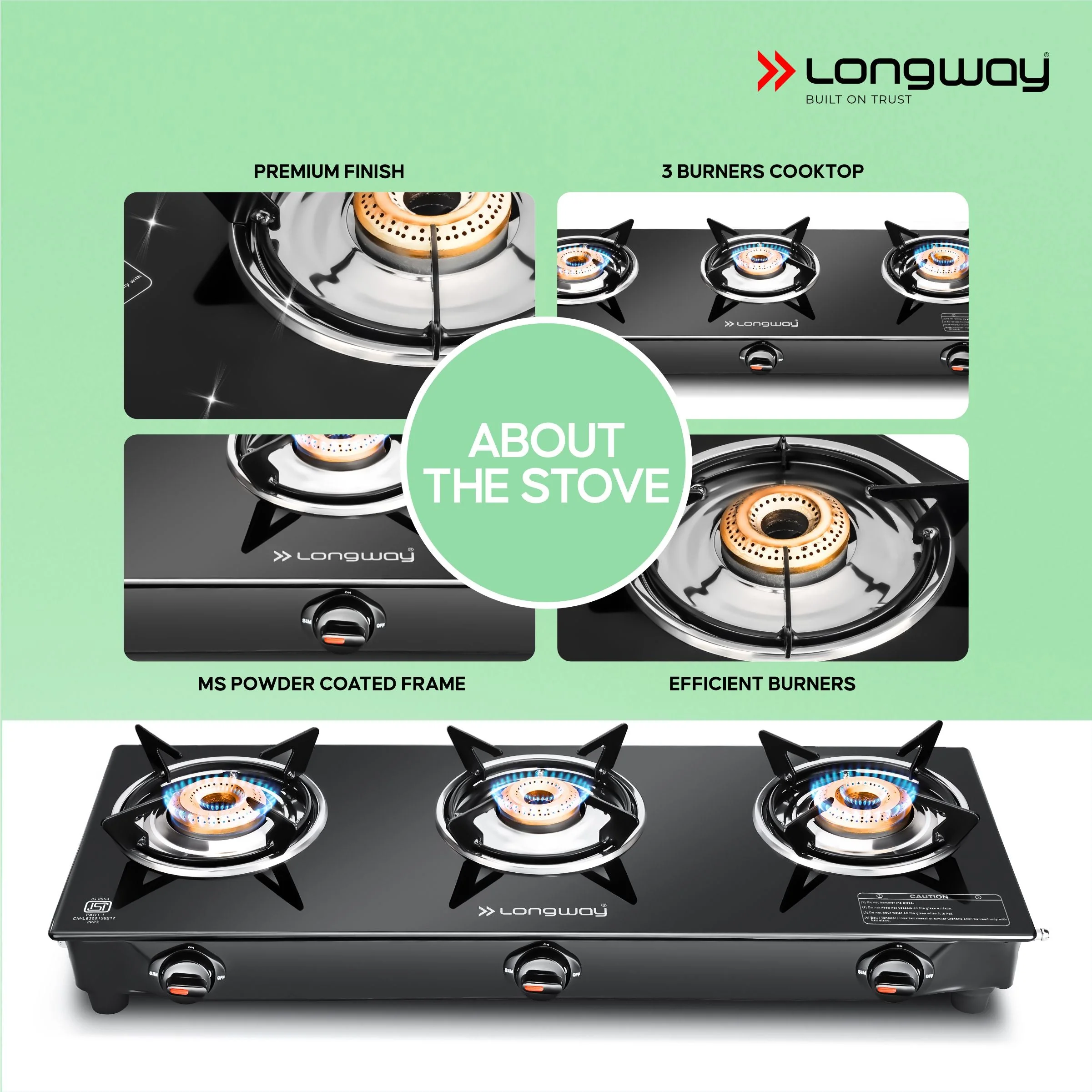 Longway Furn Glass Top, 3 Burner Auto Ignition Glass Gas Stove (Black, ISI Certified, 2 Years Warranty) - Image 6