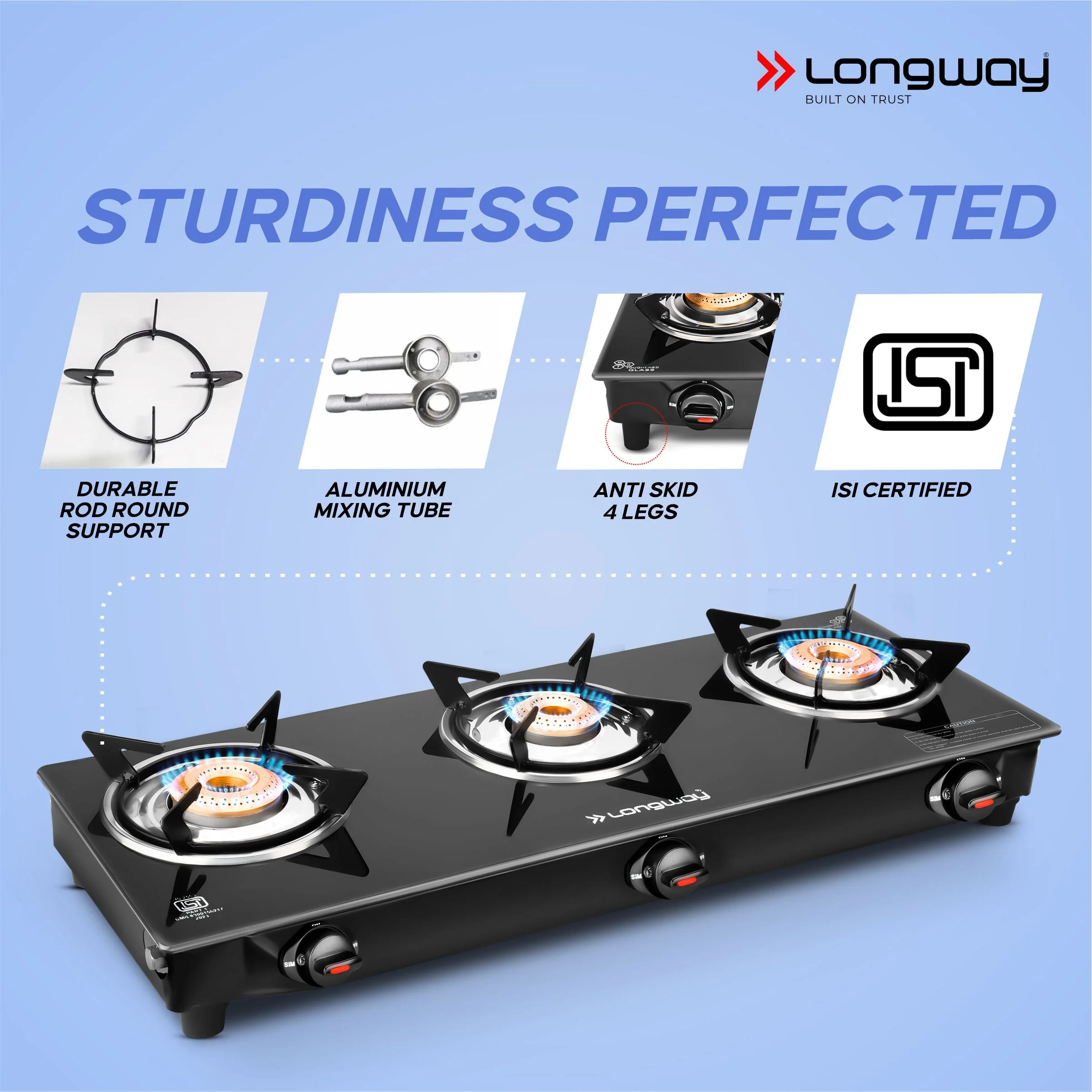 Longway Furn Glass Top, 3 Burner Auto Ignition Glass Gas Stove (Black, ISI Certified, 2 Years Warranty) - Image 7