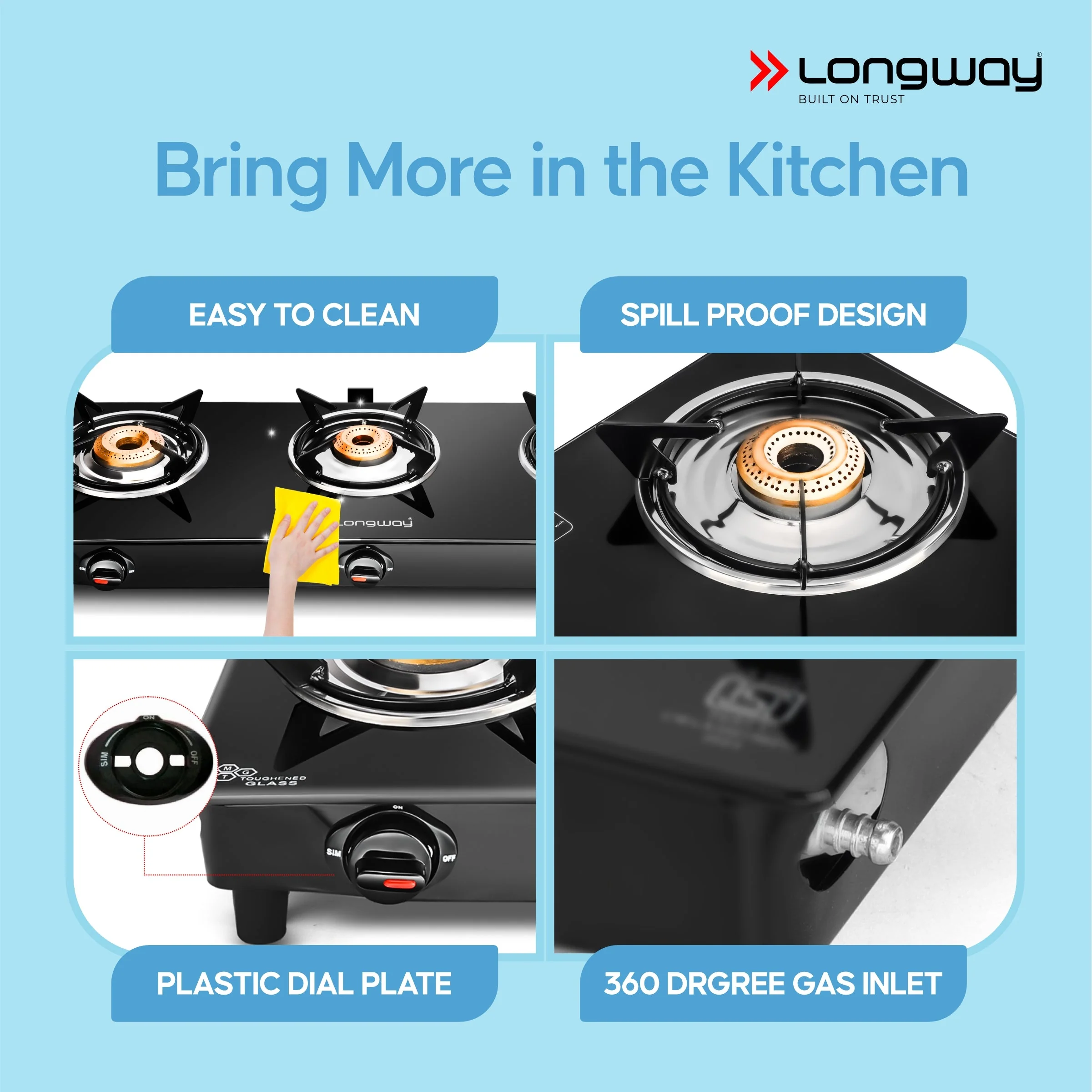 Longway Furn Glass Top, 3 Burner Auto Ignition Glass Gas Stove (Black, ISI Certified, 2 Years Warranty) - Image 9