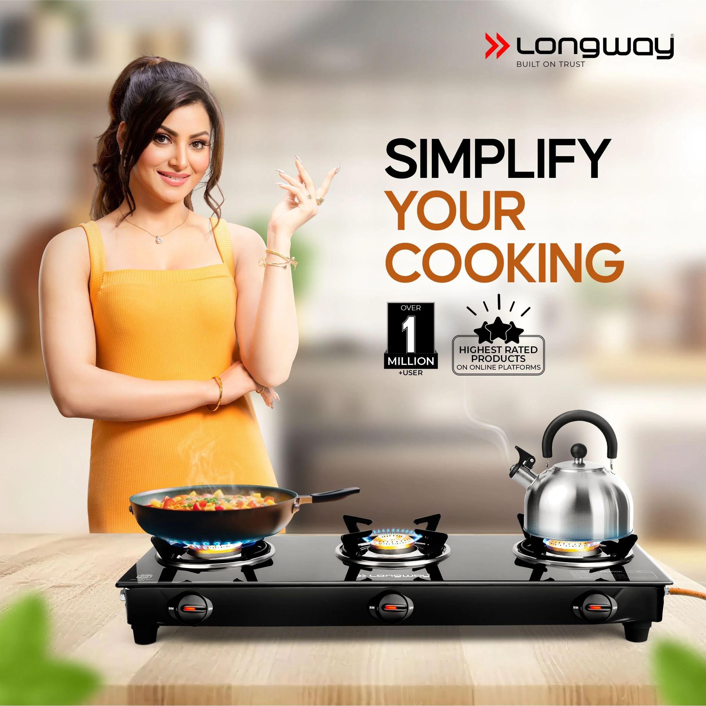 Longway Furn Glass Top, 3 Burner Manual Ignition Glass Gas Stove (Black, ISI Certified, 2 Year Warranty) - Image 2