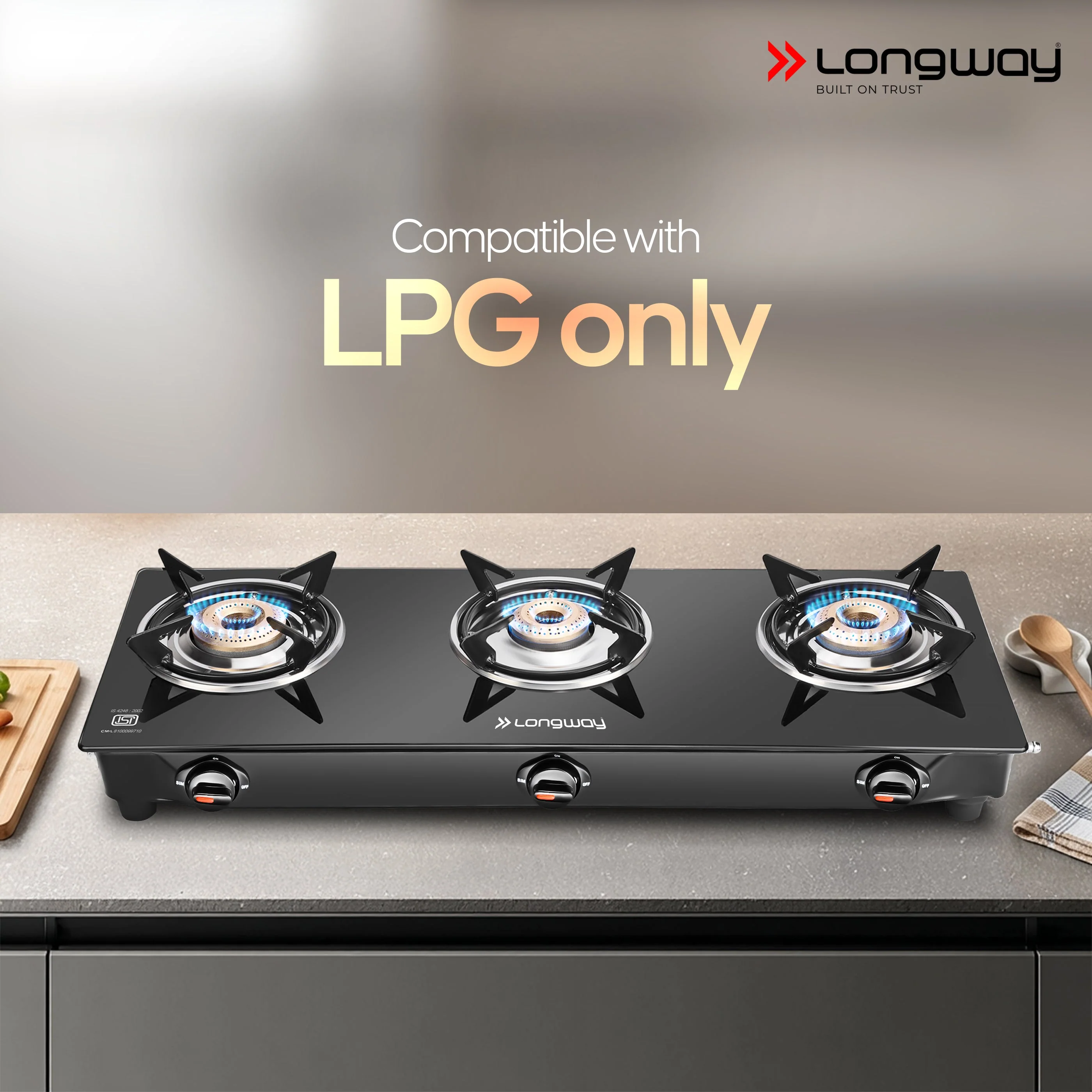 Longway Furn Glass Top, 3 Burner Manual Ignition Glass Gas Stove (Black, ISI Certified, 2 Year Warranty) - Image 3