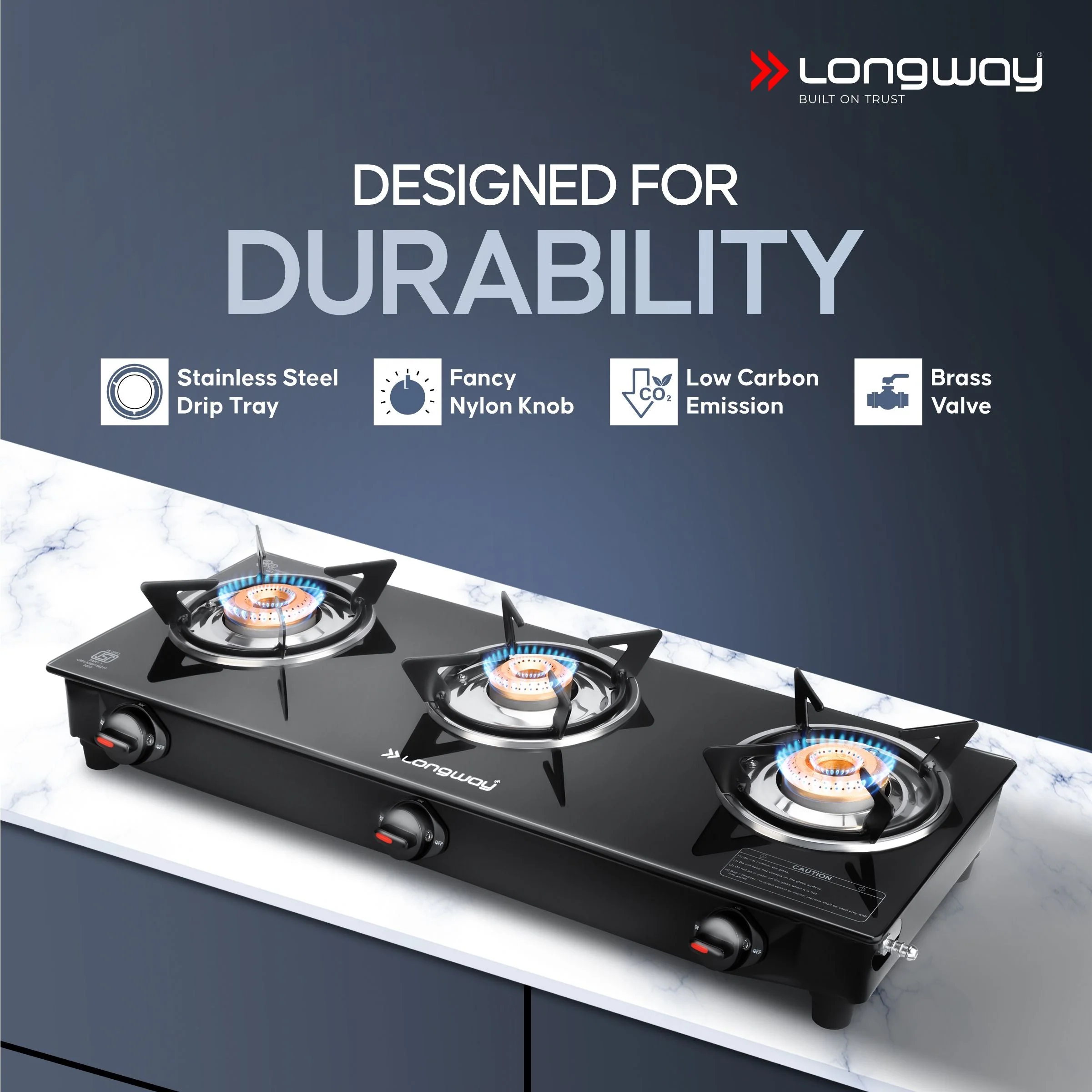 Longway Furn Glass Top, 3 Burner Manual Ignition Glass Gas Stove (Black, ISI Certified, 2 Year Warranty) - Image 4