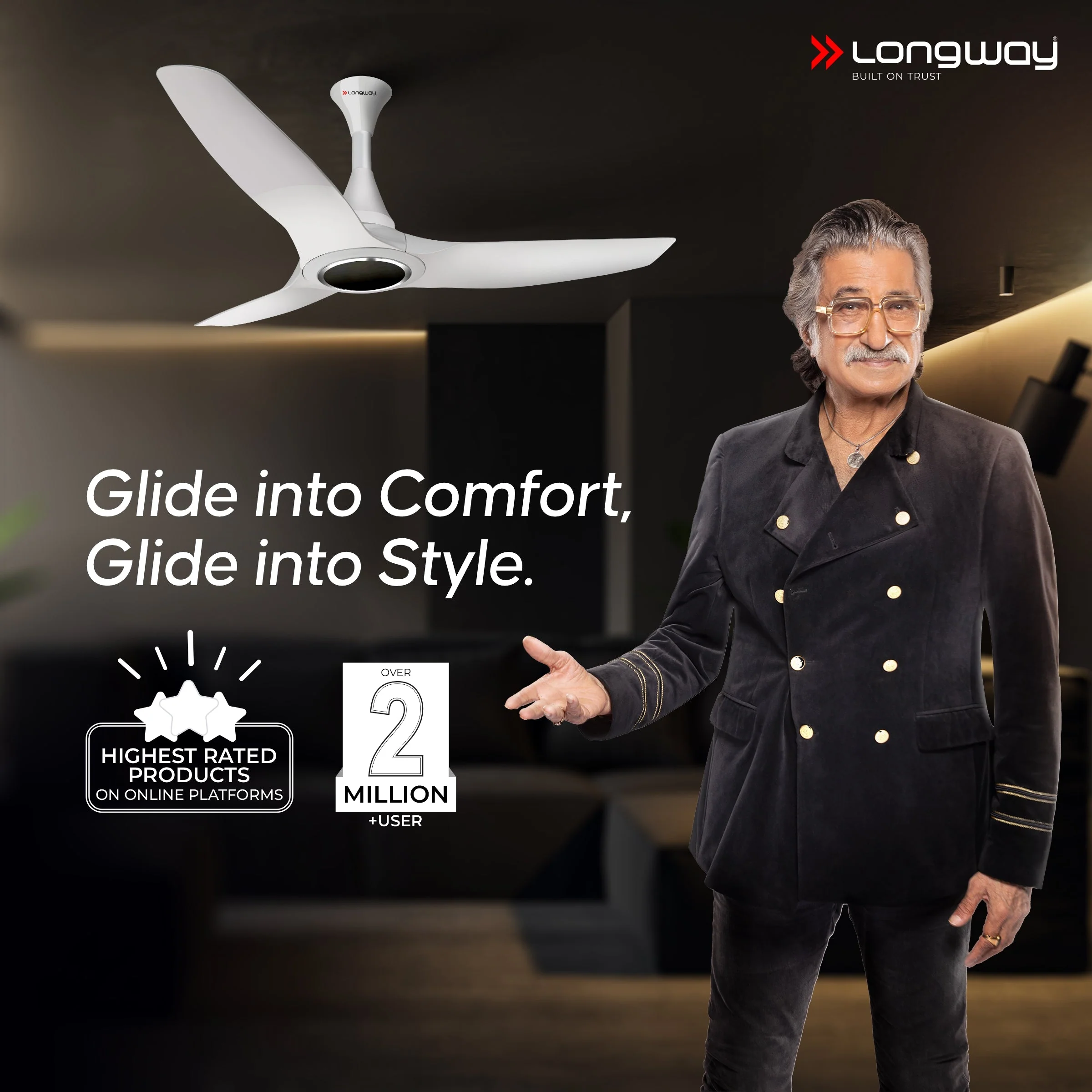 Longway Glideon 1200mm BLDC Ceiling Fan with Remote Control | Premium Look with Ultra Silent Performance | ABS Blade & Body | BEE 5 Star Rated | Anti-Dust Decorative Ceiling Fan | 5 Years Warranty (White, Pack of 1) - Image 2