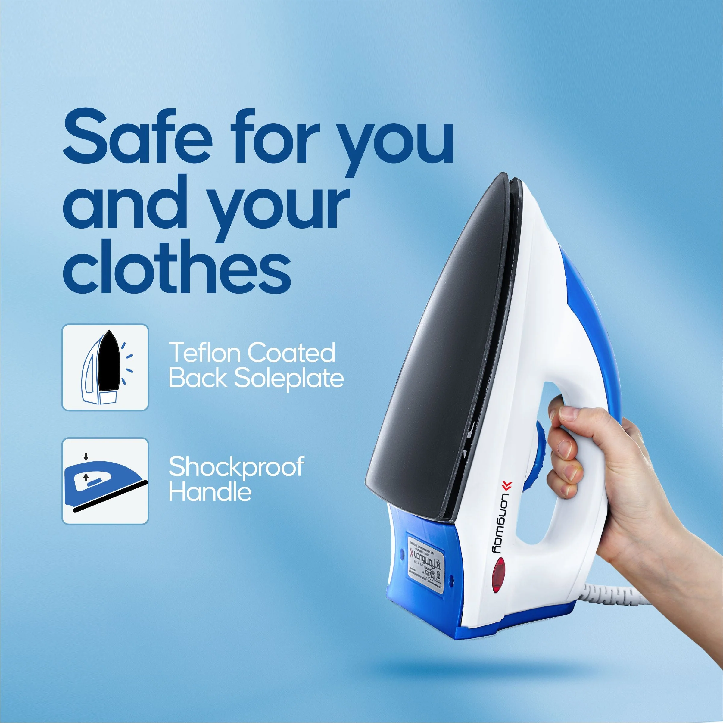 Longway Grace Light Weight Non-Stick Teflon Coated Dry Iron, Electric Iron for Clothes | 2 Years Warranty| (1100 Watt, Blue) - Image 3