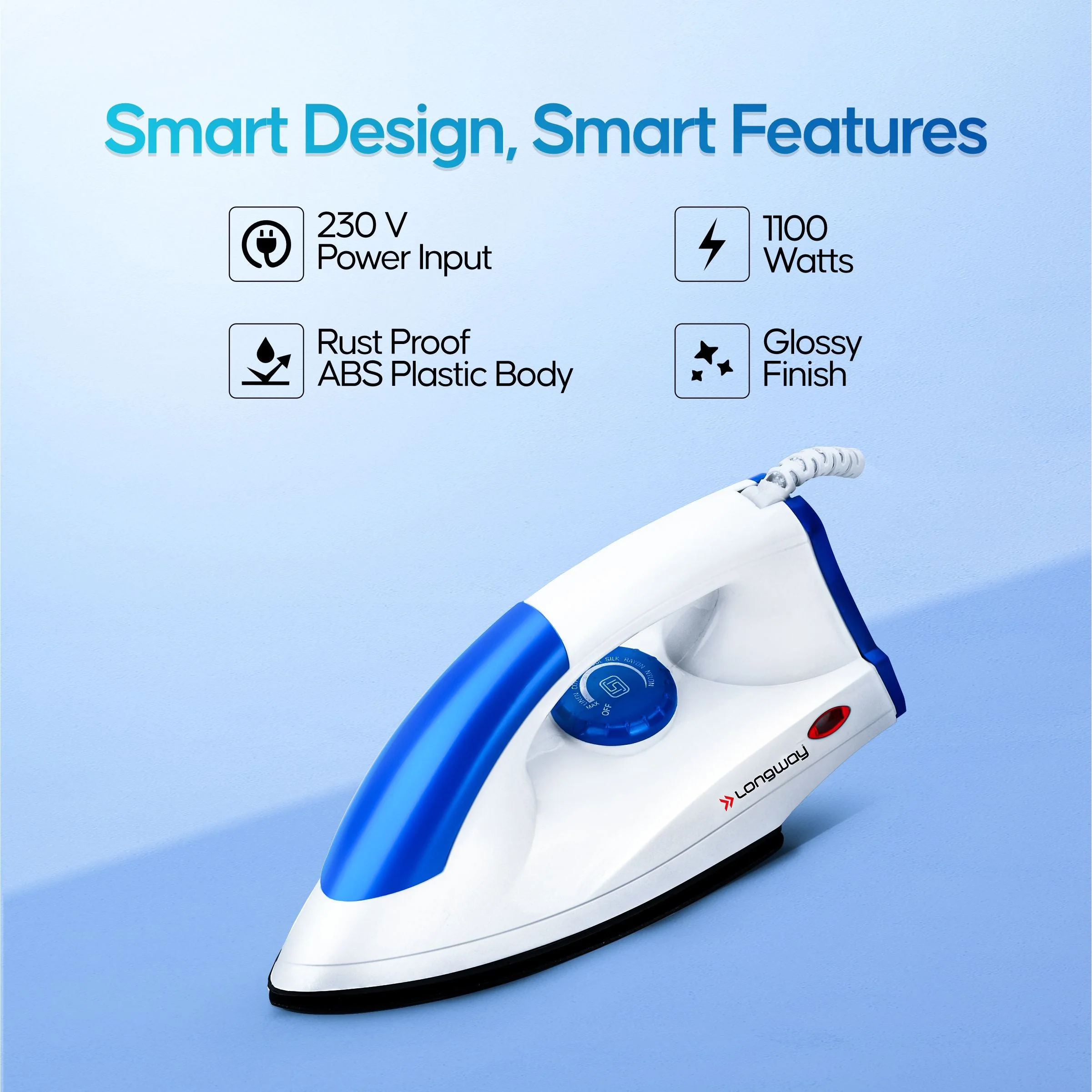 Longway Grace Light Weight Non-Stick Teflon Coated Dry Iron, Electric Iron for Clothes | 2 Years Warranty| (1100 Watt, Blue) - Image 5
