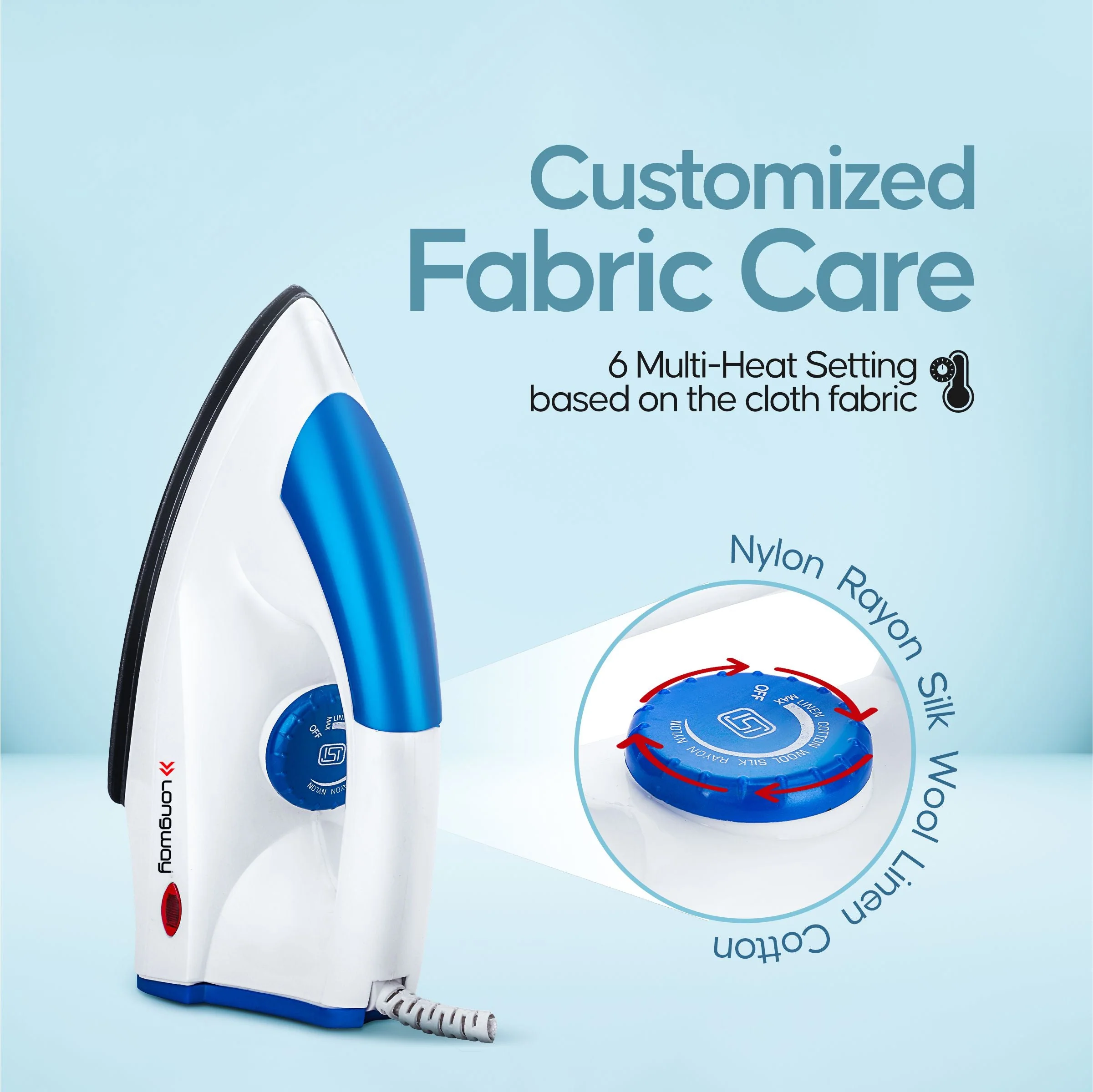 Longway Grace Light Weight Non-Stick Teflon Coated Dry Iron, Electric Iron for Clothes | 2 Years Warranty| (1100 Watt, Blue) - Image 6