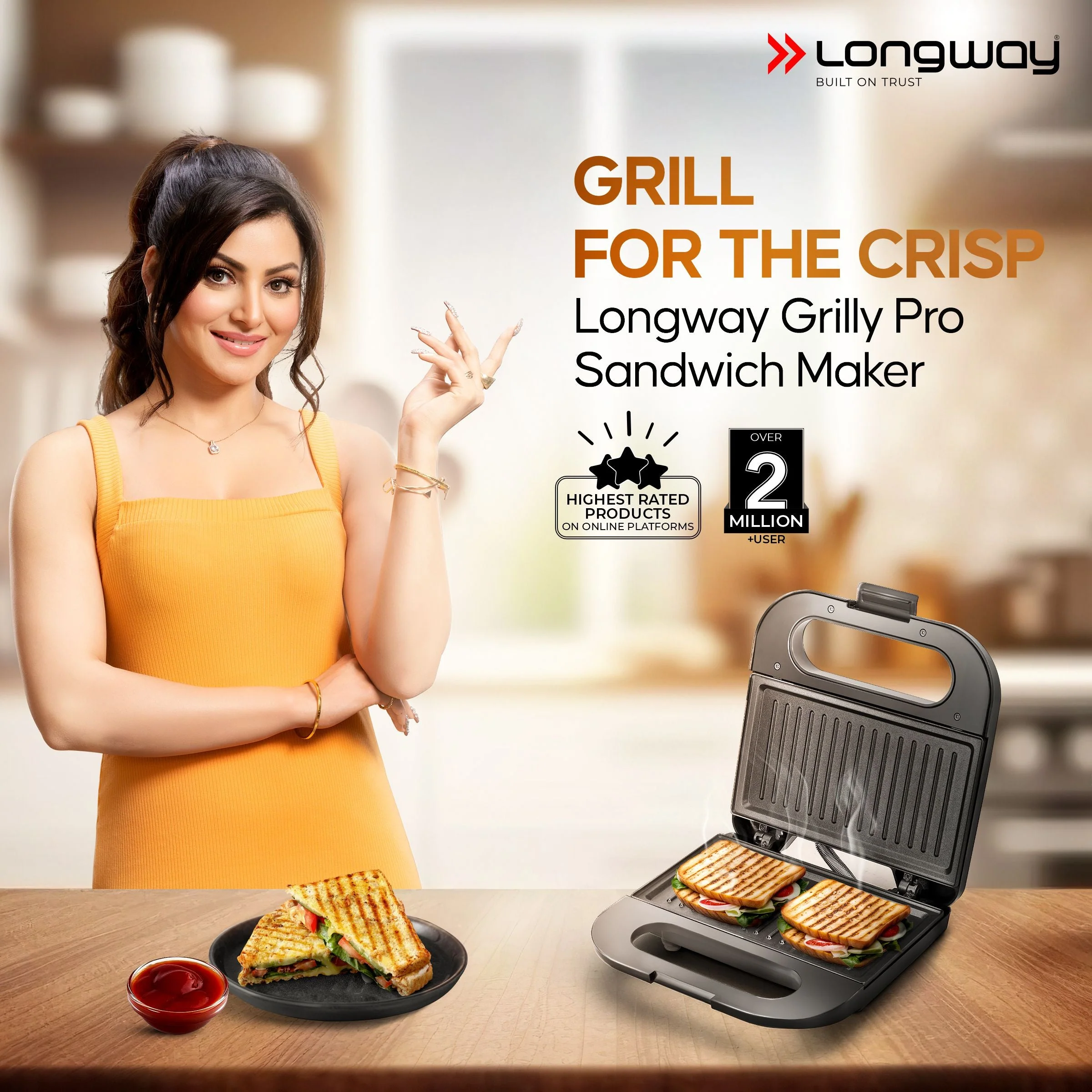 Longway Grilly Pro 850 W Grill Sandwich Maker & Toaster | Non-stick Coating Cast Aluminum Plates | Grills Sandwiches, Bread & Kebabs | 2 Year Warranty (Metallic Silver) - Image 3