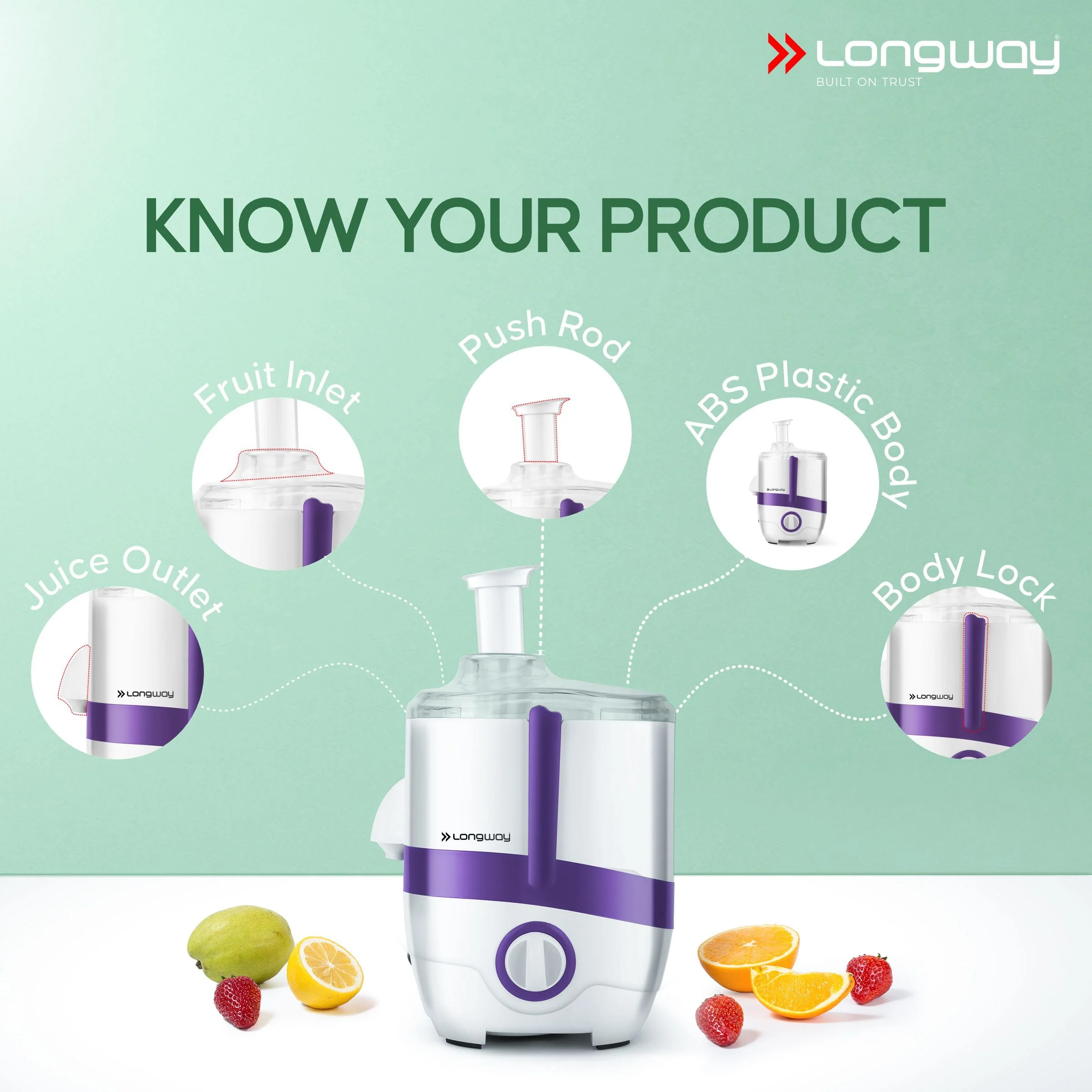 Longway Juicy 600 Watt Juicer Mixer Grinder with 2 Jars for Grinding, Mixing, Juicing with Powerful Motor | 2 Years Warranty (2 Jars, Purple) - Image 3