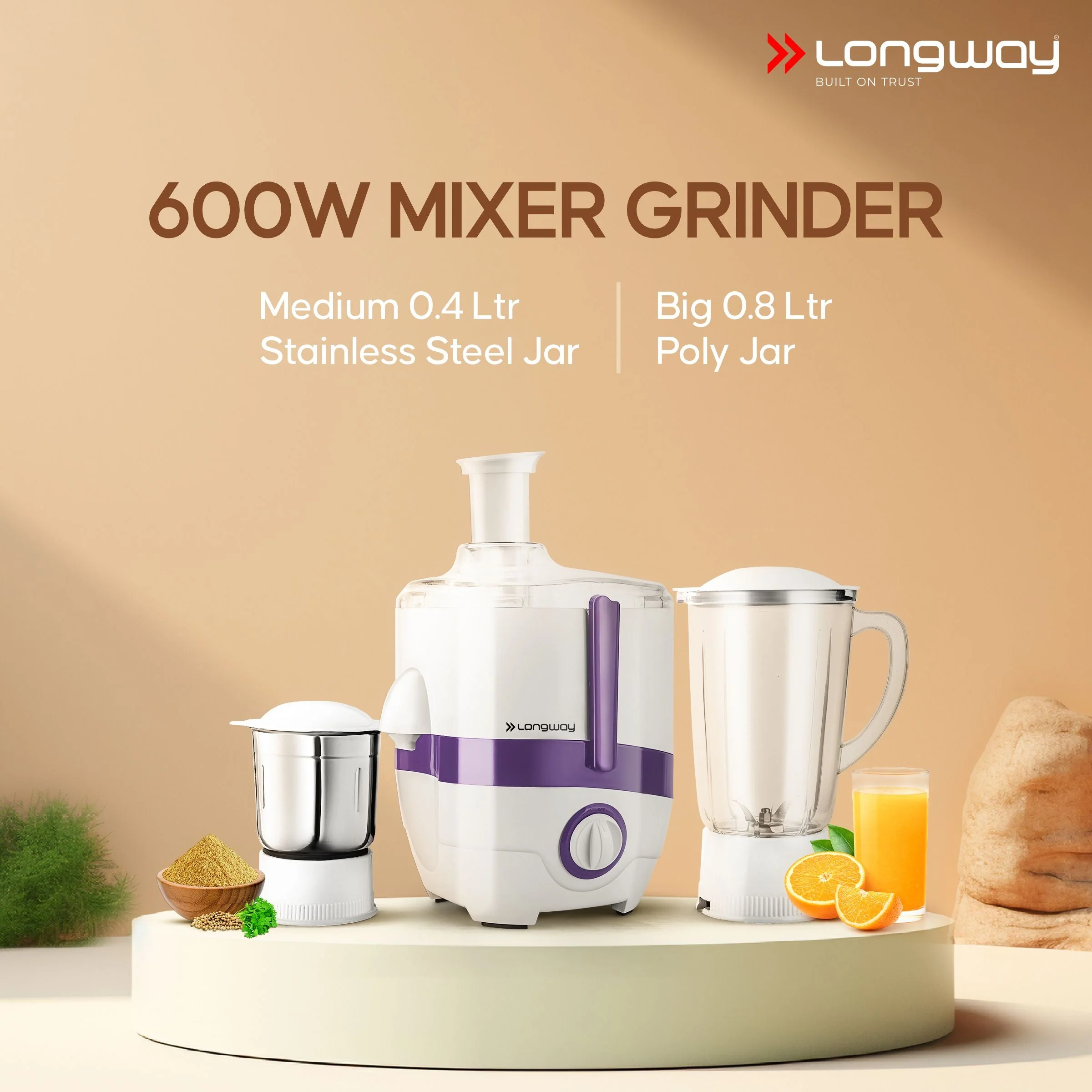 Longway Juicy 600 Watt Juicer Mixer Grinder with 2 Jars for Grinding, Mixing, Juicing with Powerful Motor | 2 Years Warranty (2 Jars, Purple) - Image 4