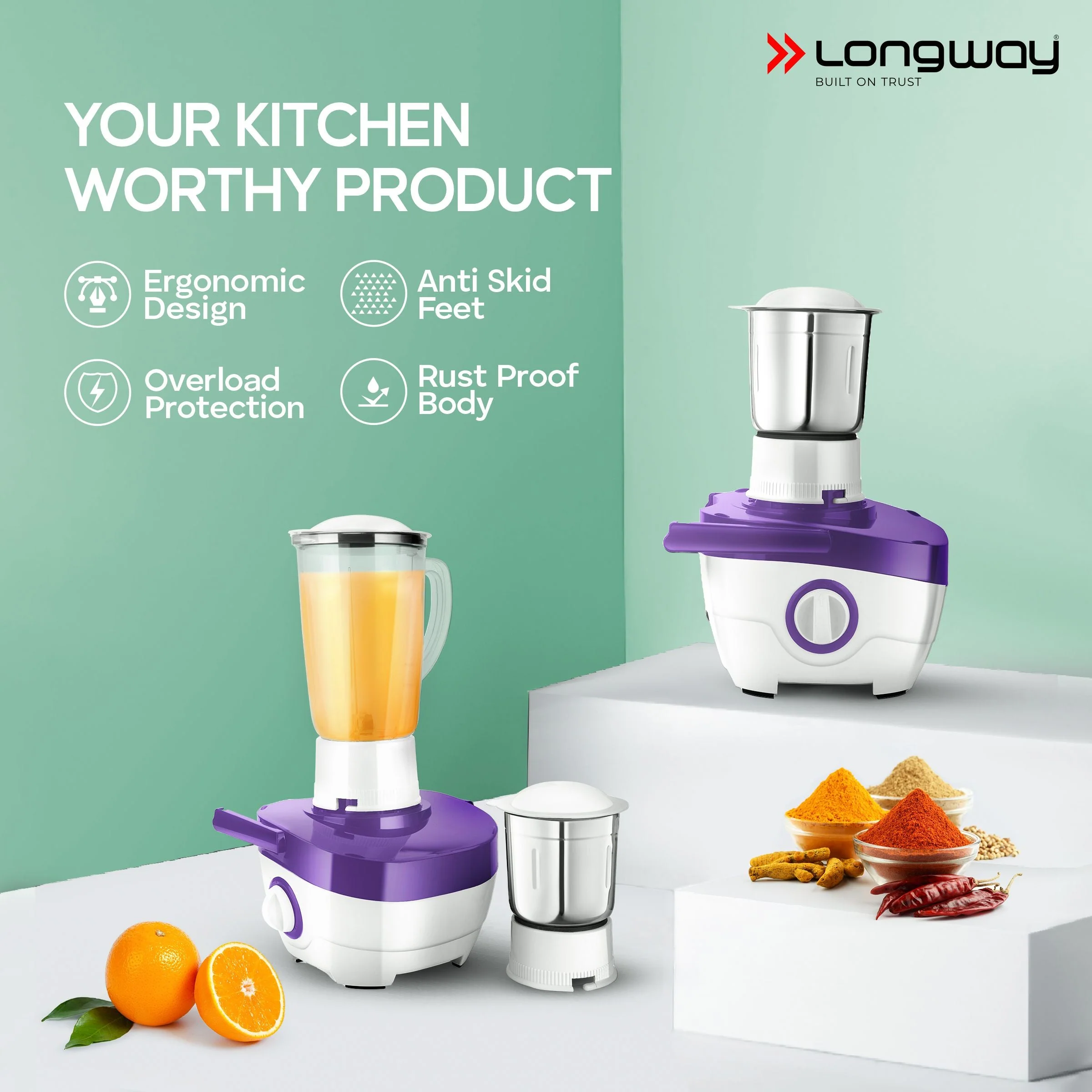 Longway Juicy 600 Watt Juicer Mixer Grinder with 2 Jars for Grinding, Mixing, Juicing with Powerful Motor | 2 Years Warranty (2 Jars, Purple) - Image 6