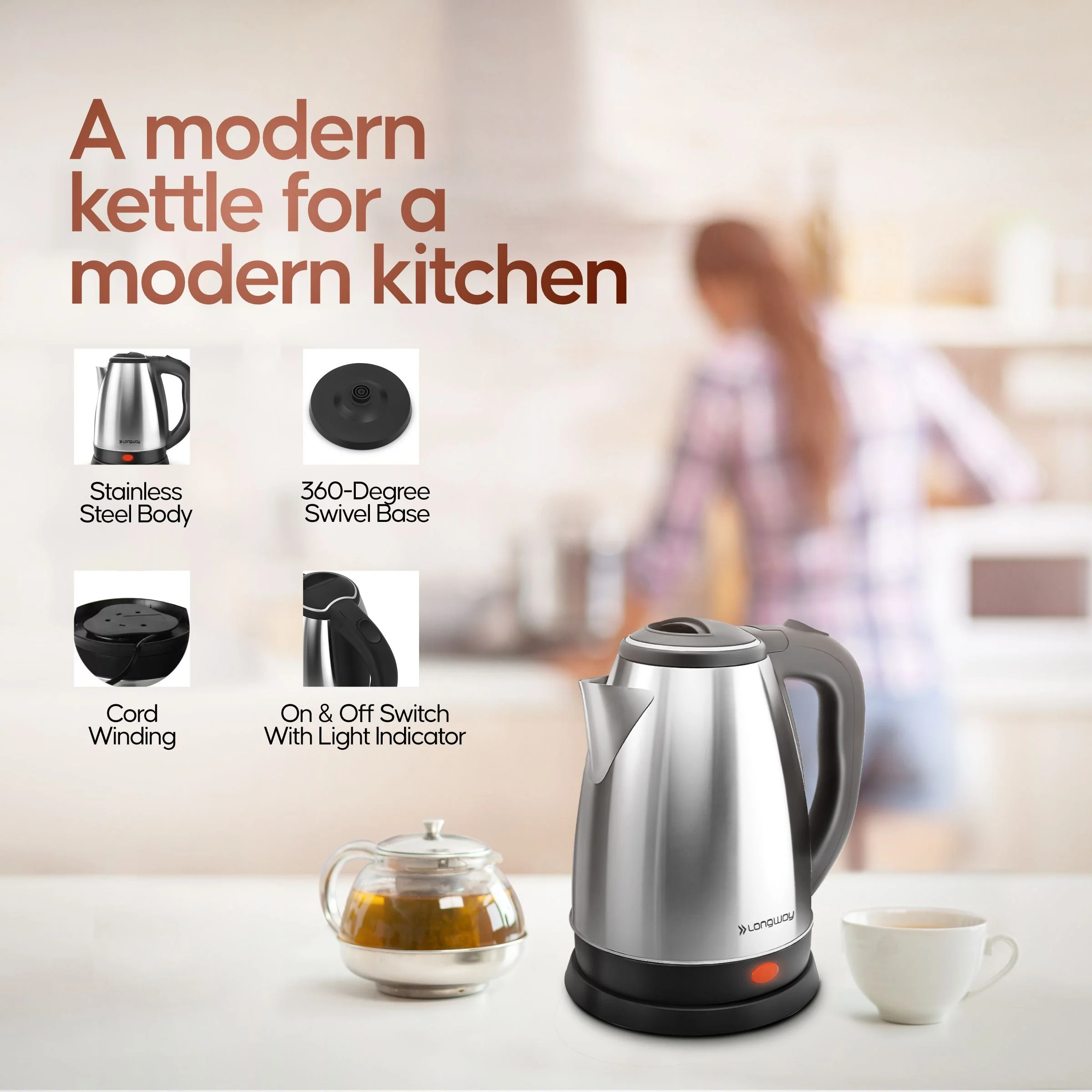 Longway Kestro 2 Ltr Electric Kettle with Stainless Steel Body for Boiling (Silver & Black, 1500 Watt) - Image 5