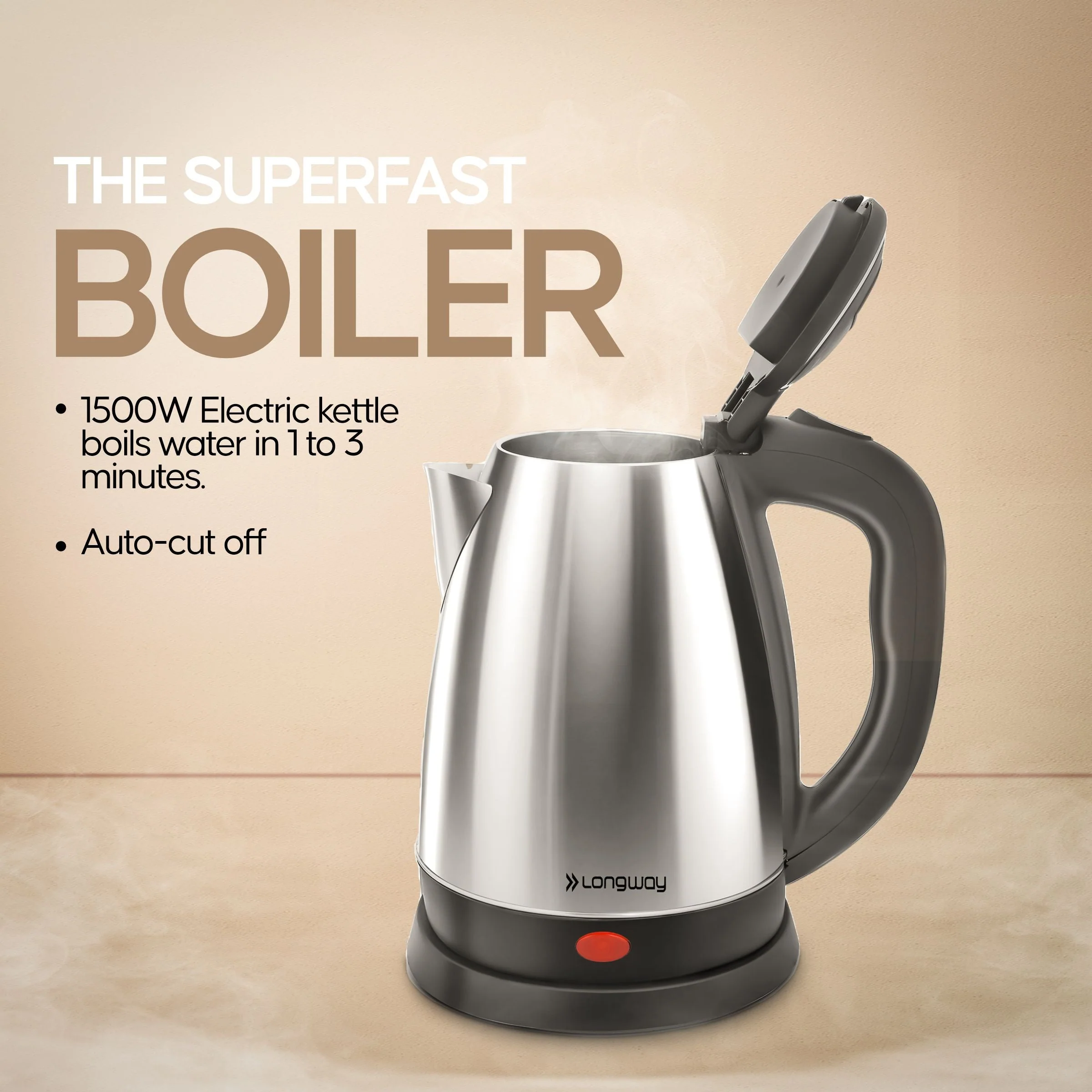 Longway Kestro 2 Ltr Electric Kettle with Stainless Steel Body for Boiling (Silver & Black, 1500 Watt) - Image 7