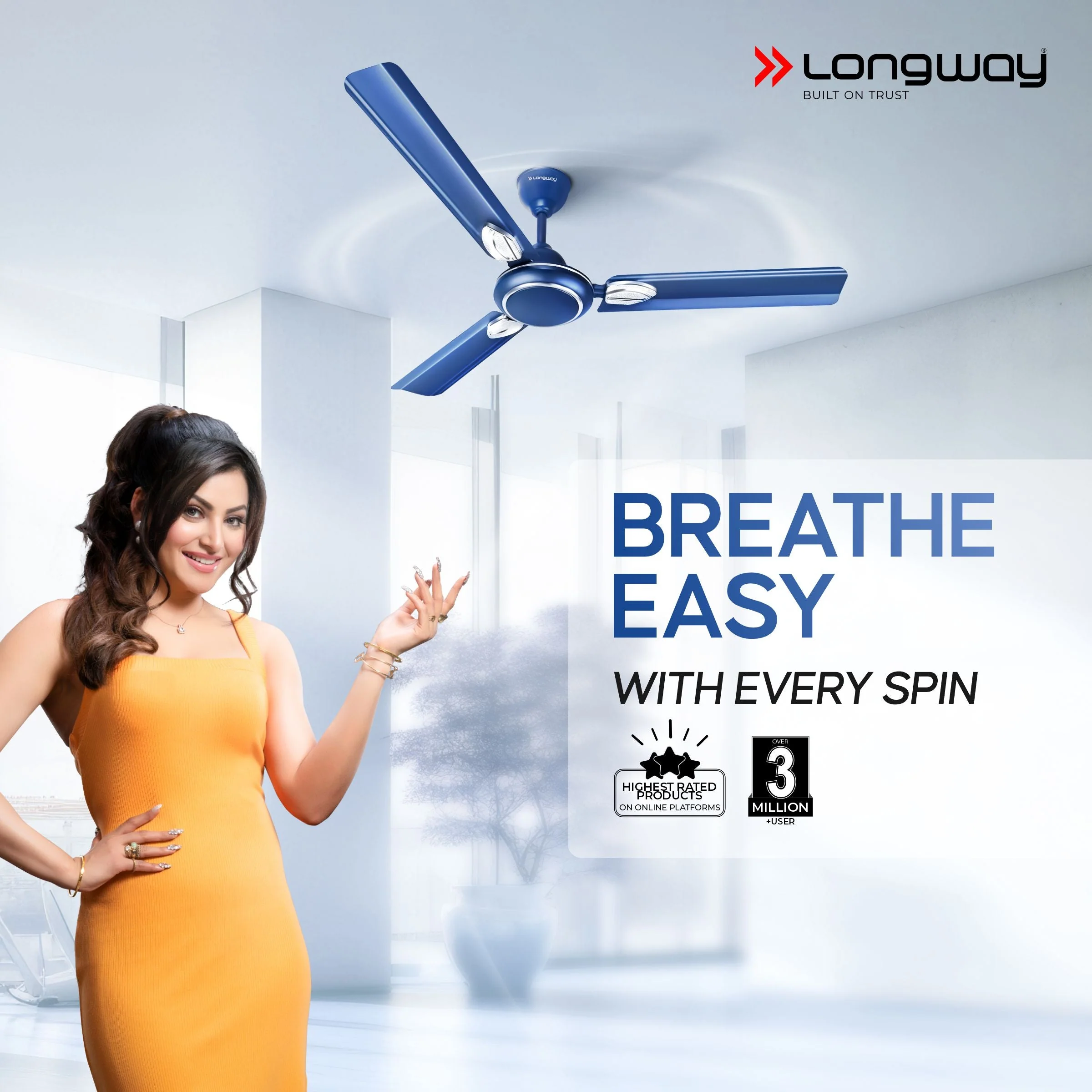 Longway Kiger P1 1200 mm/48 inch Ultra High Speed 3 Blade Anti-Dust Decorative Star Rated Ceiling Fan (Silver Blue) - Image 2
