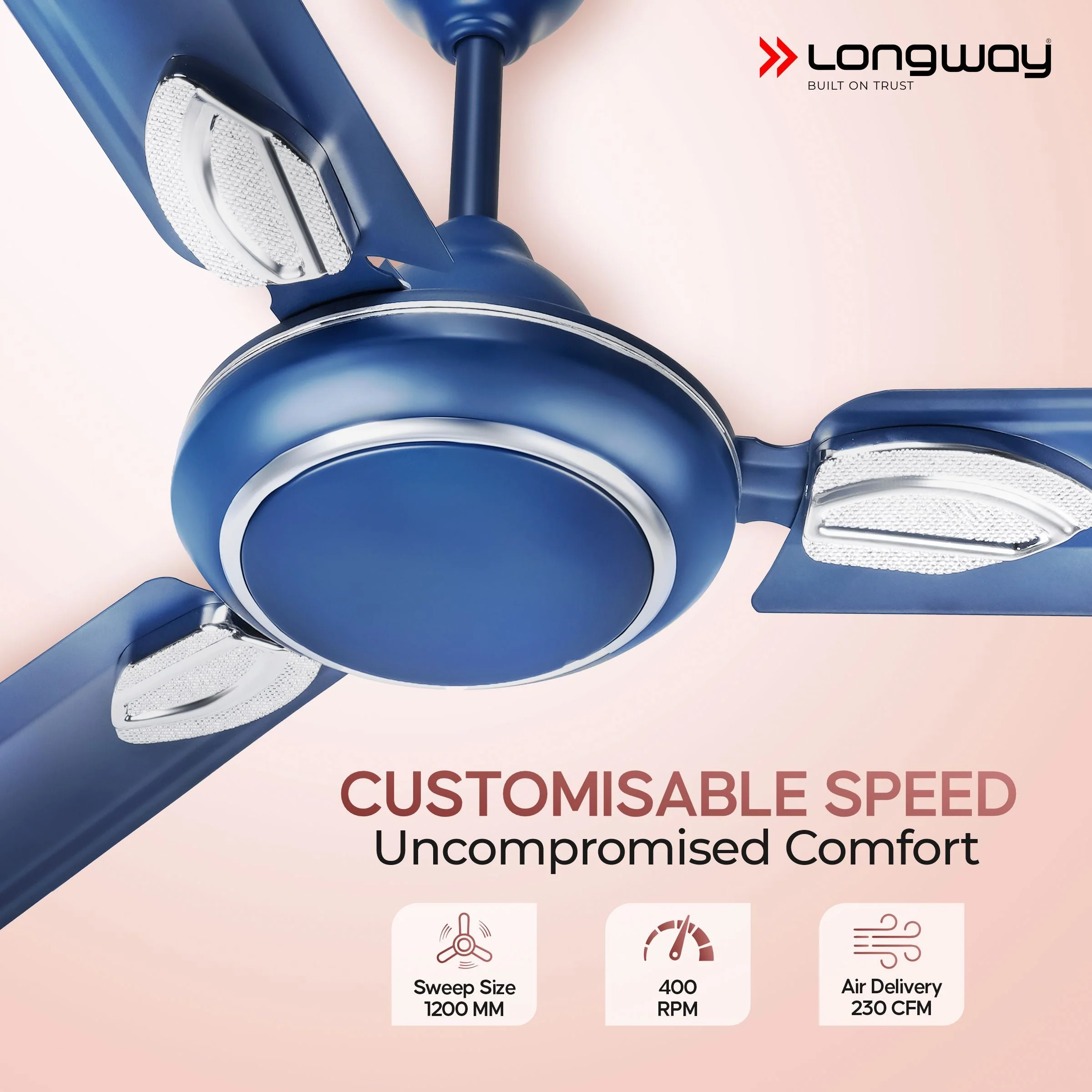 Longway Kiger P1 1200 mm/48 inch Ultra High Speed 3 Blade Anti-Dust Decorative Star Rated Ceiling Fan (Silver Blue) - Image 3
