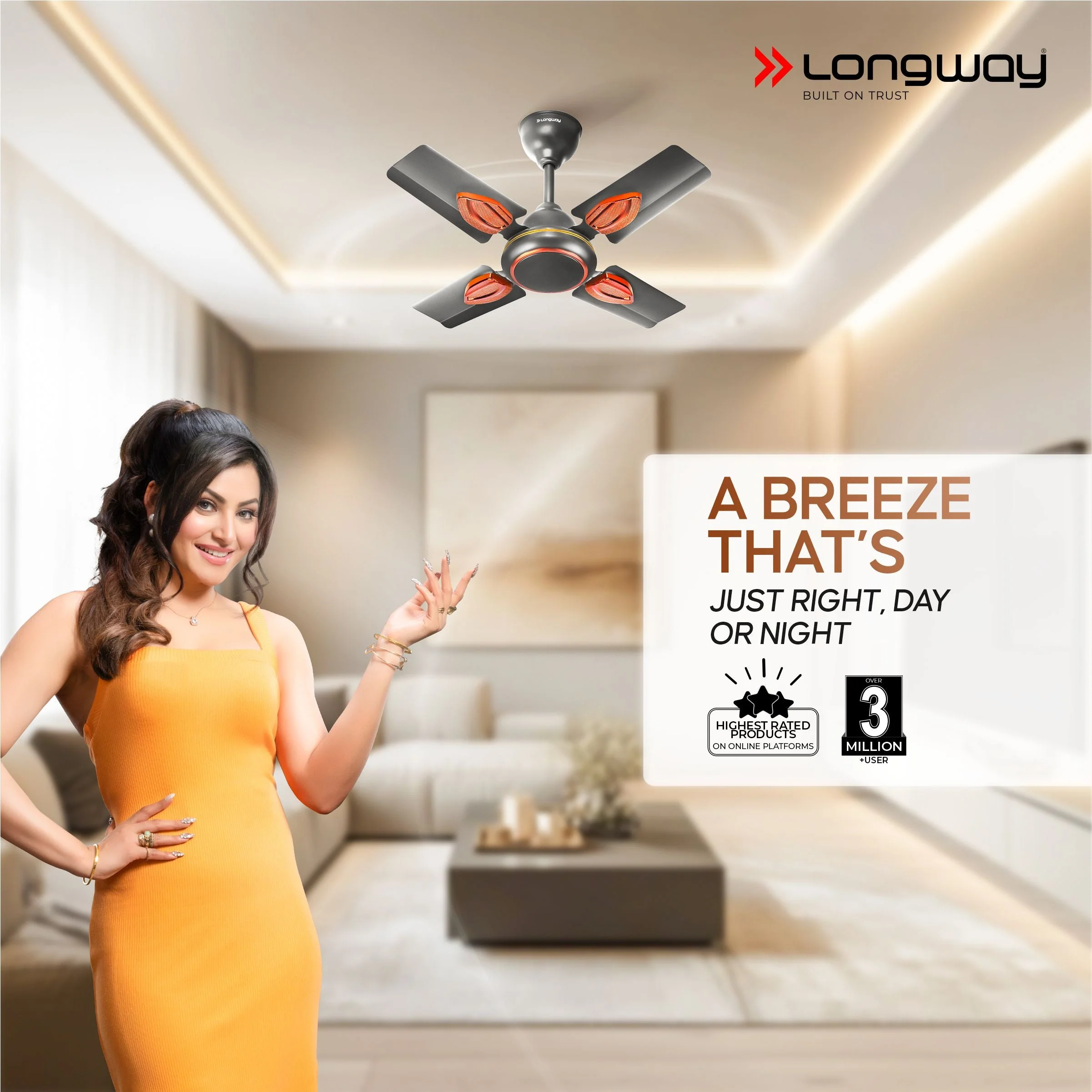 Longway Kiger P1 600 mm/24 inch Ultra High Speed 4 Blade Anti-Dust Decorative 5-Star Rated Ceiling Fan (Smoked Brown, Pack of 1) - Image 2