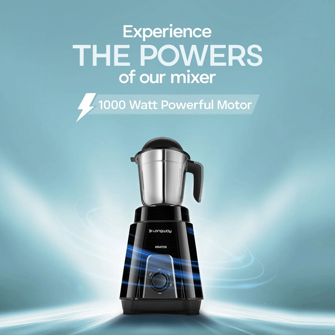 Longway Kratos 1000 Watt Juicer Mixer Grinder with 4 Jars for Grinding, Mixing, Juicing with Powerful Motor | 1 Year Warranty | (Black, 4 Jars) - Image 3