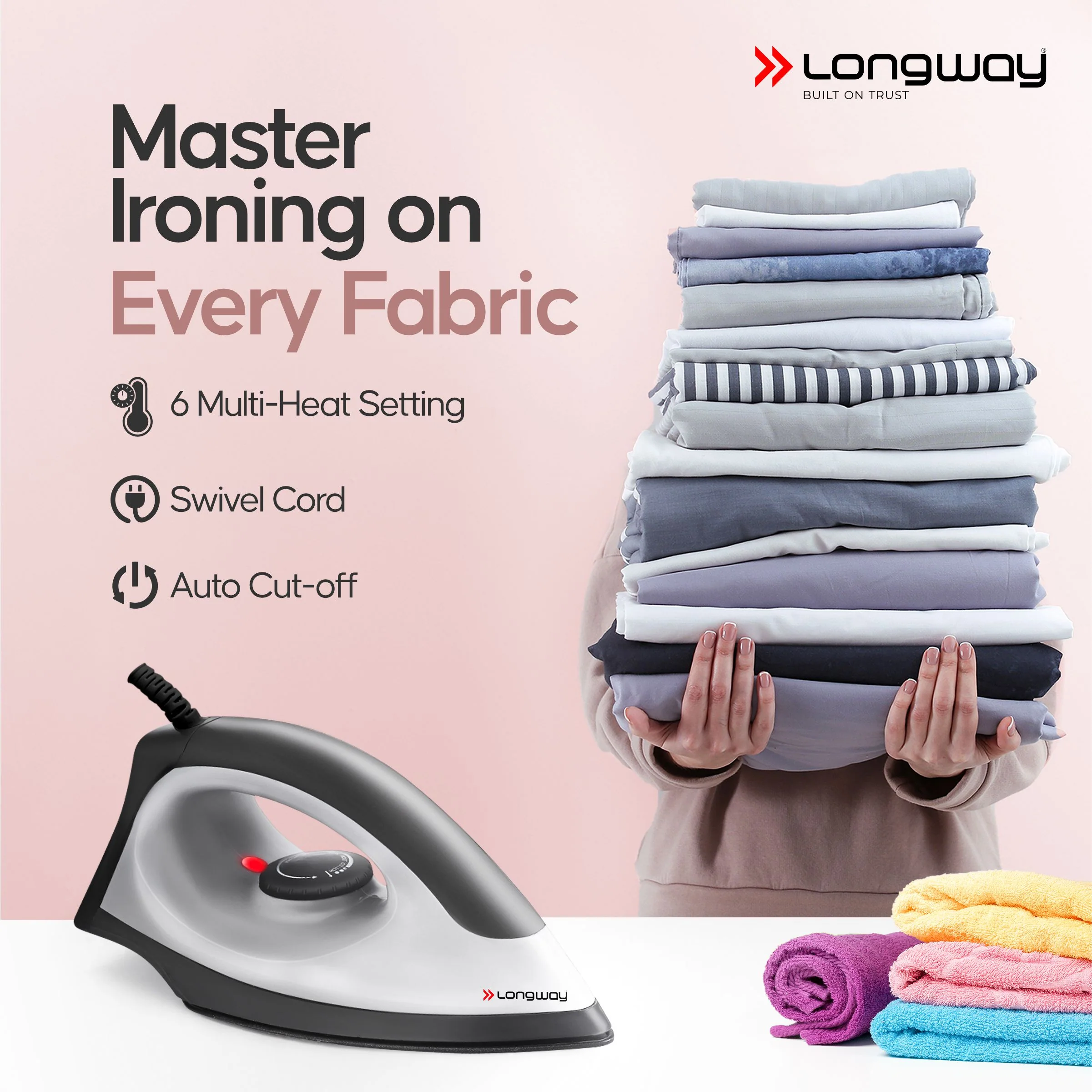 Longway Kwid Light Weight Non-Stick Teflon Coated Dry Iron, Electric Iron for Clothes | 2 Years Warranty | (1100 Watt, Black) - Image 6