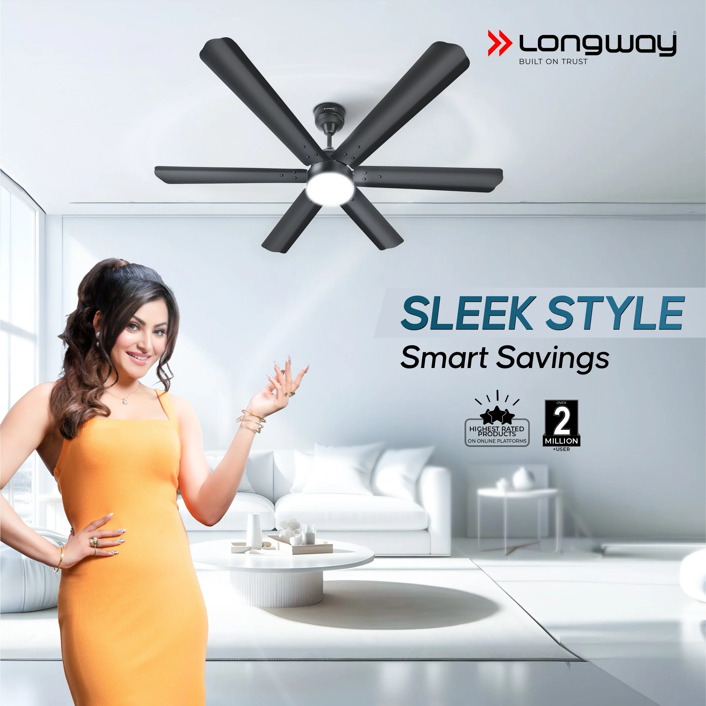 Longway Luminair 1200 mm BLDC Ceiling Fan with Remote Control & LED Light | BEE 5 Star Rated Energy Efficient | Ultra High Speed 6 Blade Anti-Dust Decorative Ceiling Fan | 5 Years Warranty (Smoked Brown, Pack of 1) - Image 2