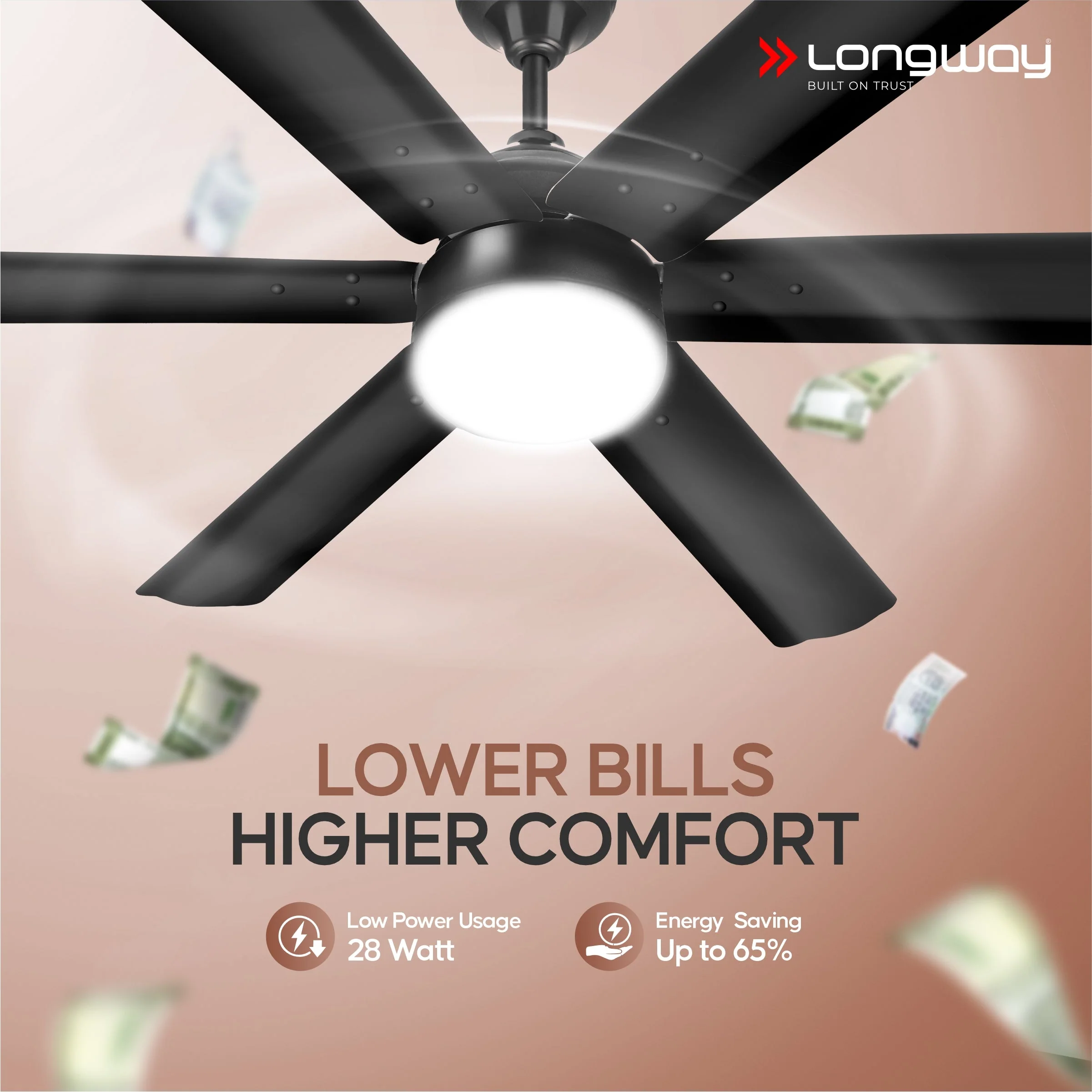 Longway Luminair 1200 mm BLDC Ceiling Fan with Remote Control & LED Light | BEE 5 Star Rated Energy Efficient | Ultra High Speed 6 Blade Anti-Dust Decorative Ceiling Fan | 5 Years Warranty (Smoked Brown, Pack of 1) - Image 3