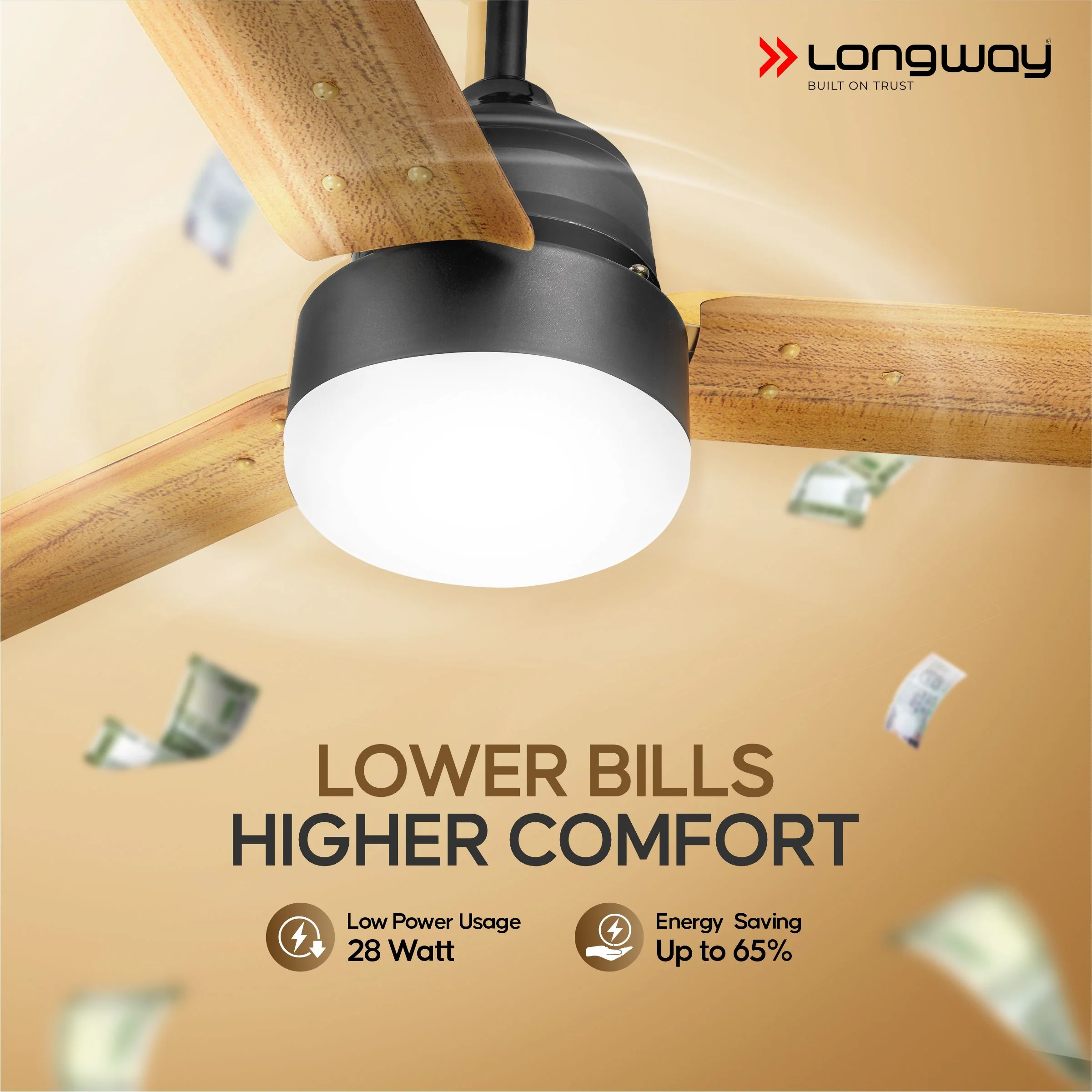 Longway Luminair Max 1200 mm BLDC Ceiling Fan with Remote Control & LED Light | BEE 5 Star Rated Energy Efficient | Ultra High Speed 3 Blade Anti-Dust Decorative Ceiling Fan | 5 Years Warranty (Golden Birch, Pack of 2) - Image 3