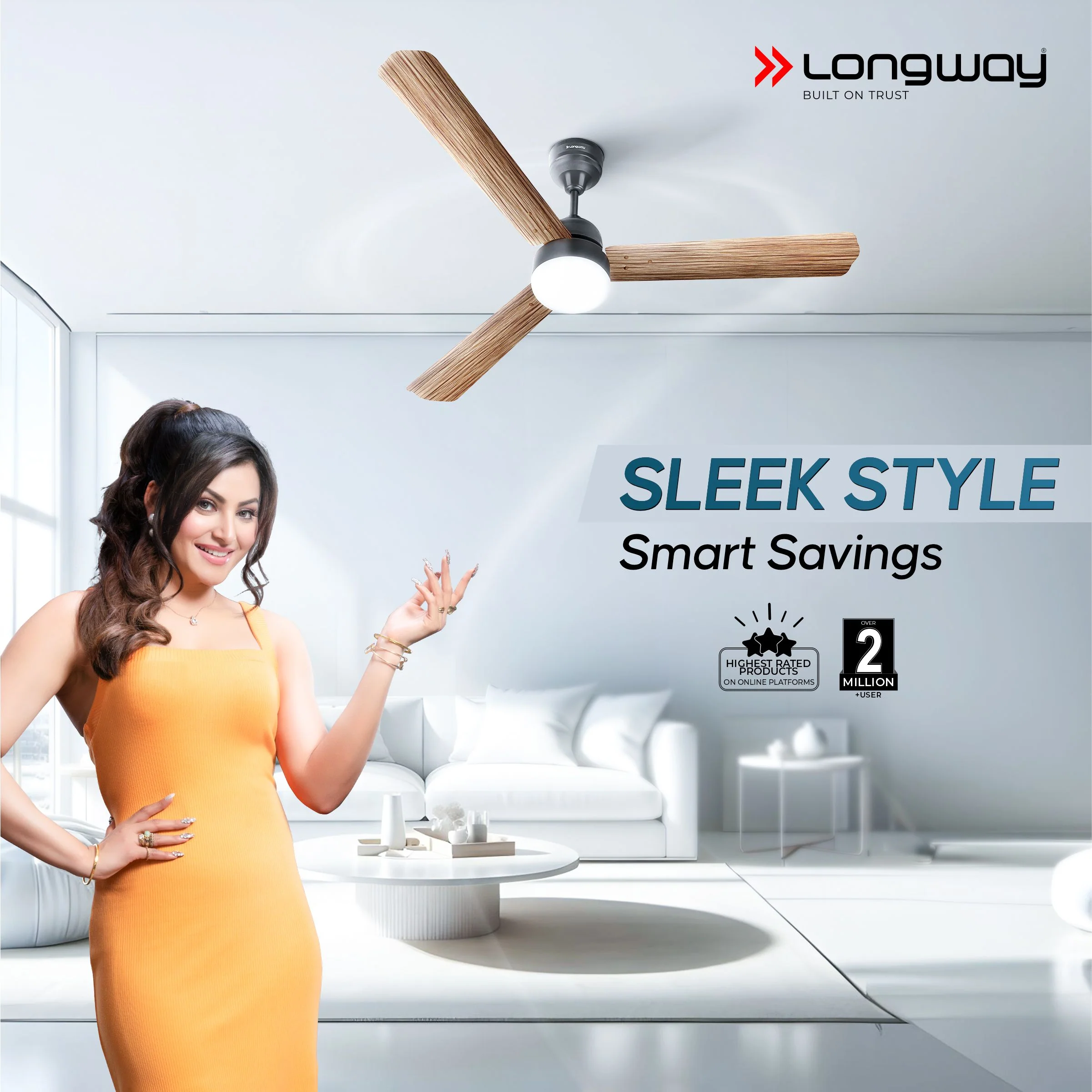 Longway Luminair Max 1200 mm BLDC Ceiling Fan with Remote Control & LED Light | BEE 5 Star Rated Energy Efficient | Ultra High Speed 3 Blade Anti-Dust Decorative Ceiling Fan | 5 Years Warranty (Smoked Cedar, Pack of 2) - Image 2