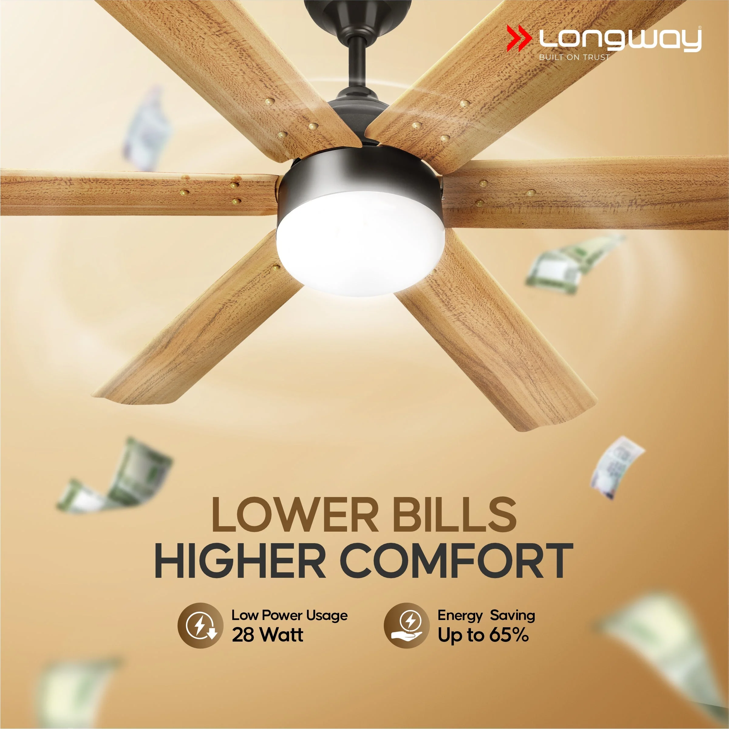 Longway Luminair Max 1200 mm BLDC Ceiling Fan with Remote Control & LED Light | BEE 5 Star Rated Energy Efficient | Ultra High Speed 6 Blade Anti-Dust Decorative Ceiling Fan | 5 Years Warranty (Golden Birch, Pack of 1) - Image 3