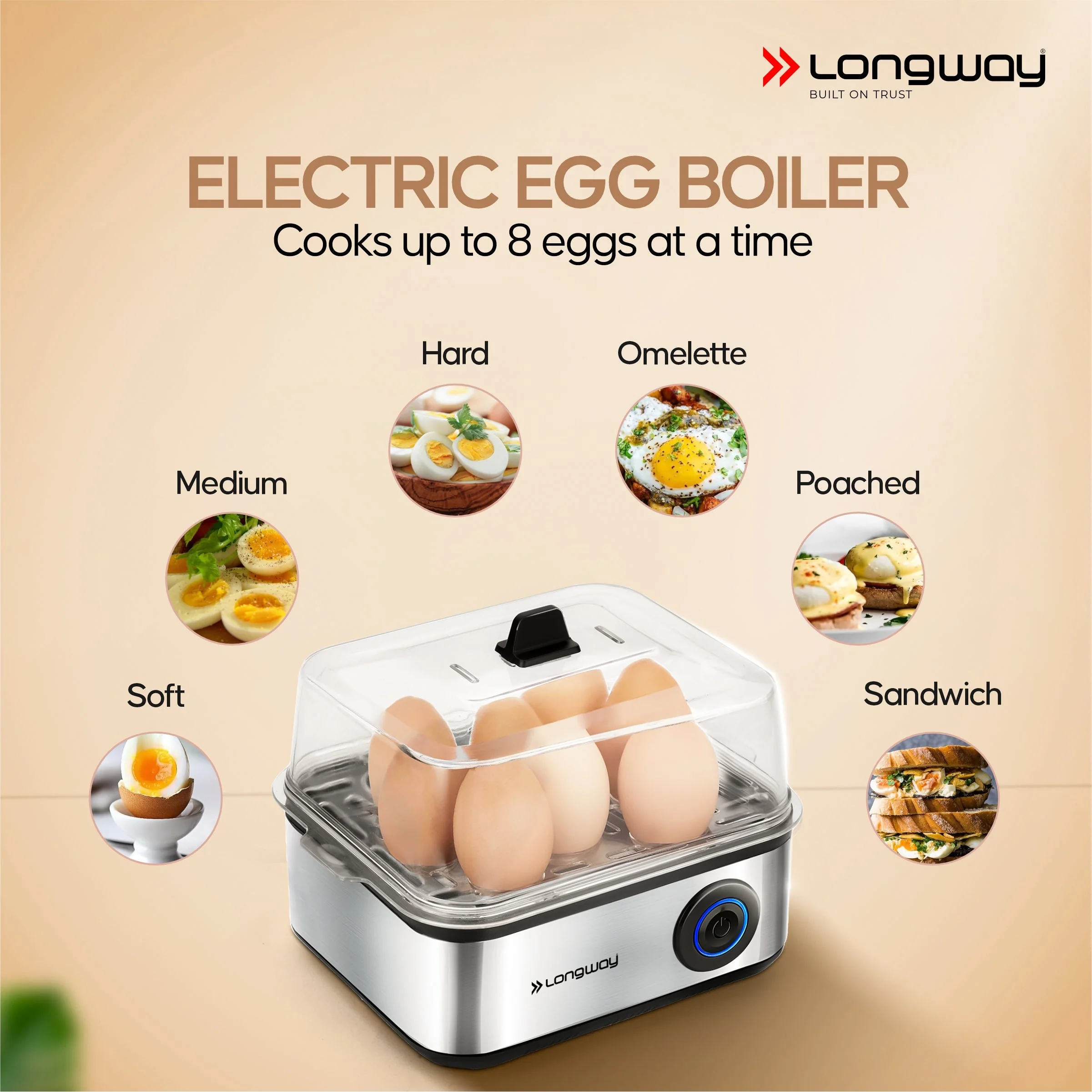 Longway LWEB04 500 Watt Stainless Steel Egg Boiler/Cooker for Steaming, Cooking & Boiling (Silver, 8 Eggs) - Image 3