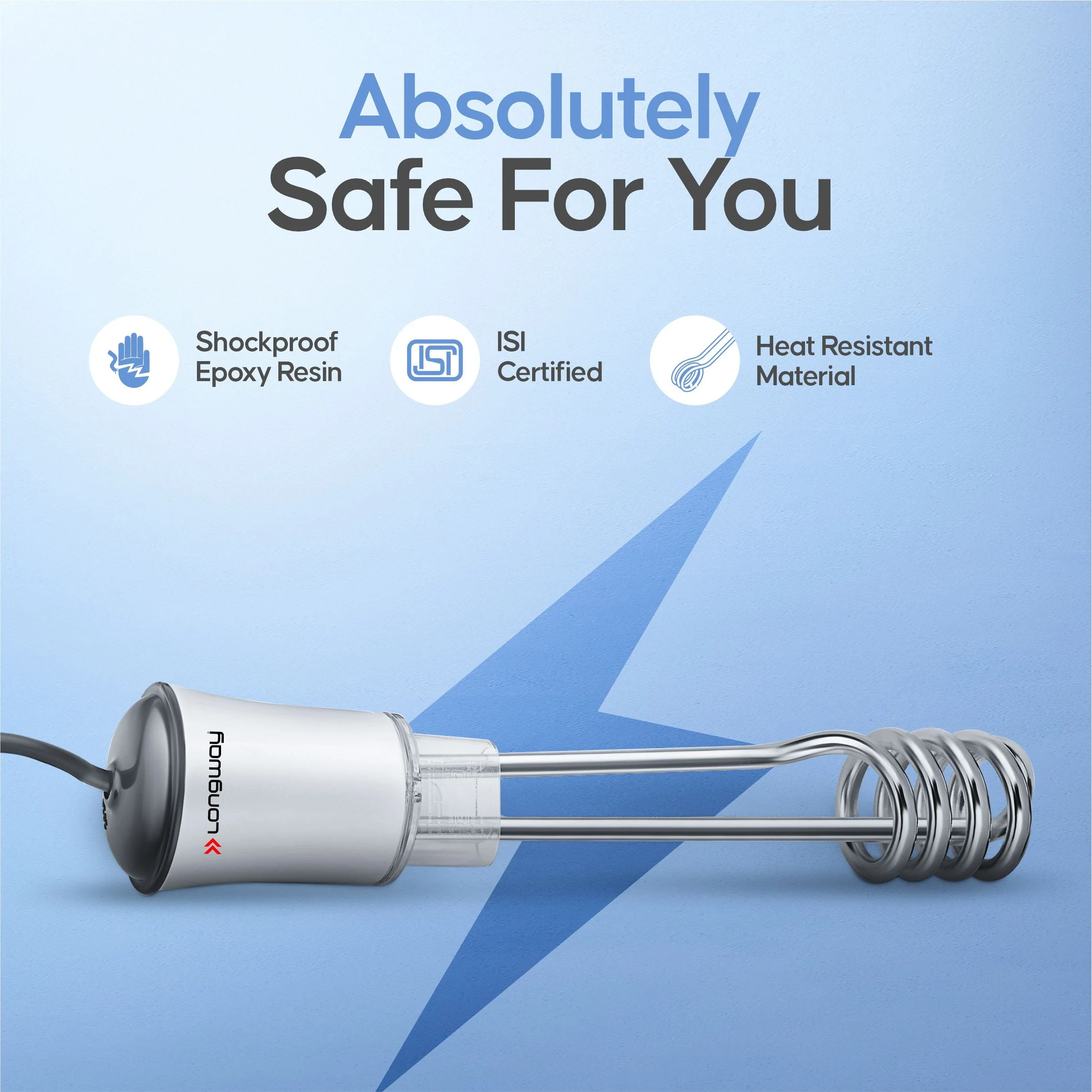 Longway LWIR01 1500/2000 Watt Immersion Rod, Water Heater with Waterproof & Shockproof Protection ISI Certified | 2 Years Warranty (White) - Image 2